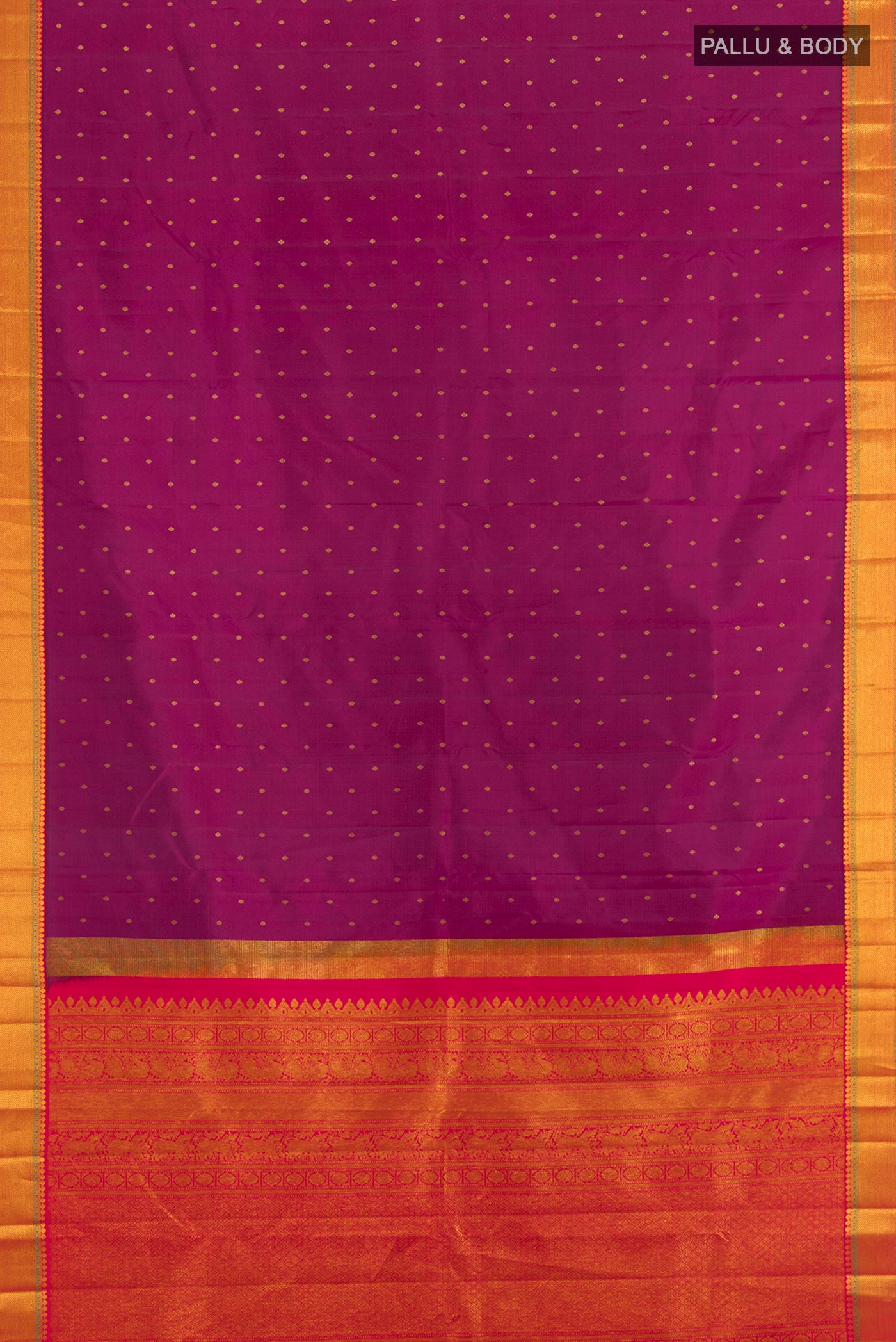 Flat view of Purple Kanchipuram Silk Saree with Zari Butta on the body and Zari Border. 