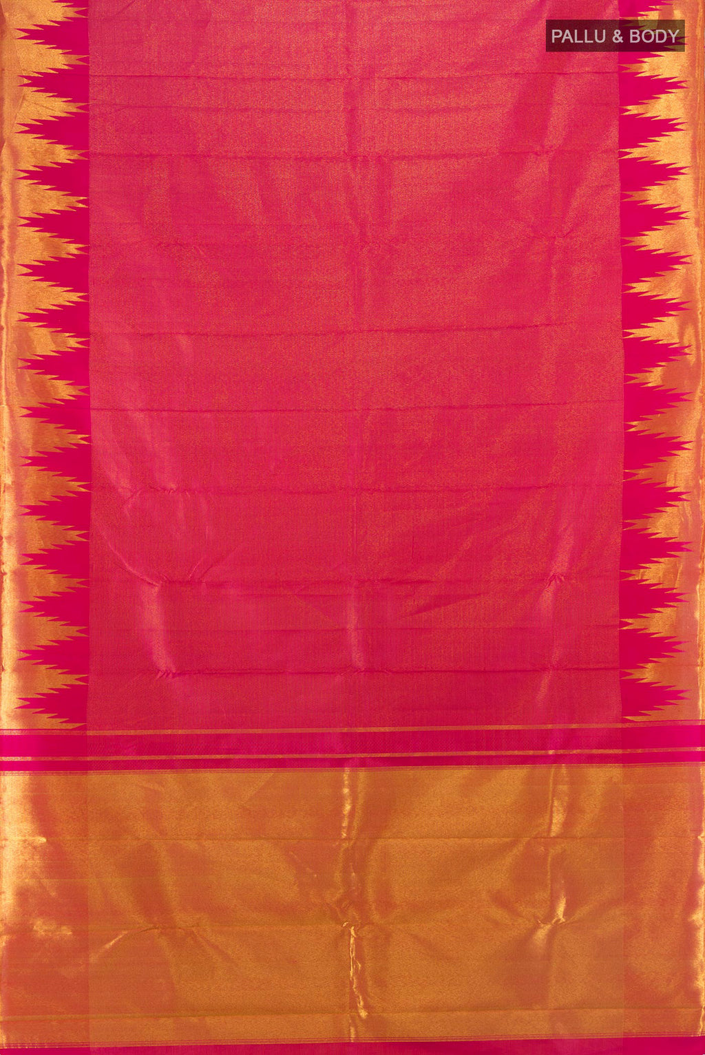 Flat view of Pure Silk Pink Kanchipuram Saree with Zari Brocade on the body and Temple Border. 