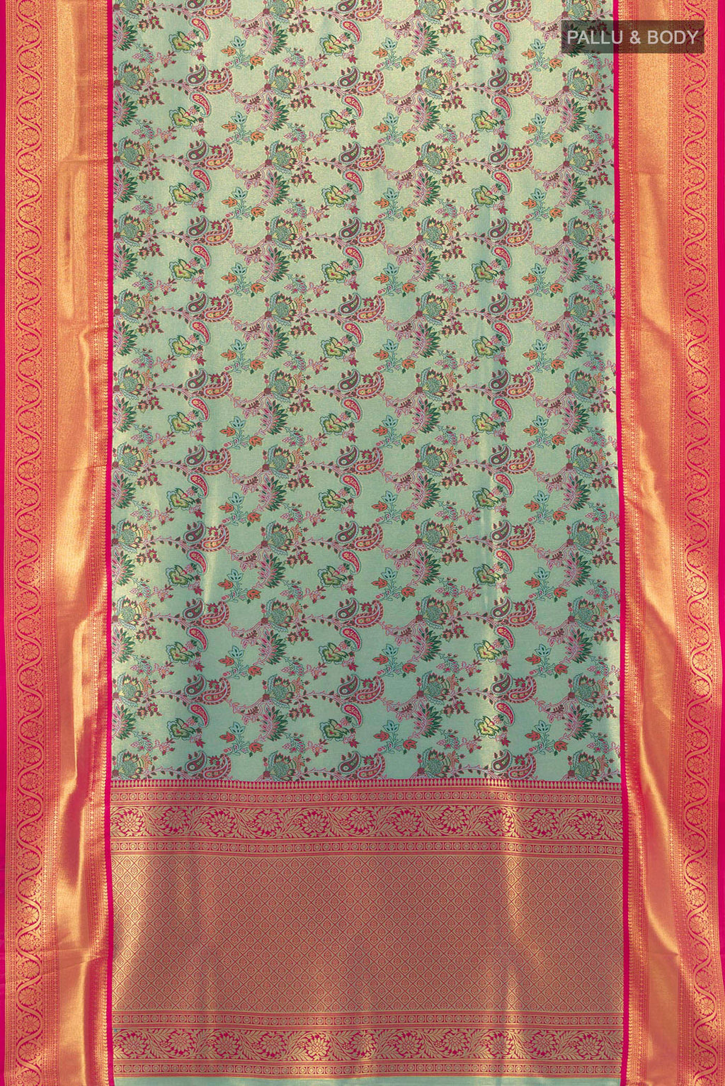 Flat view of Light Blue Art Silk Saree with Zari Butta on the body and Zari Border. 