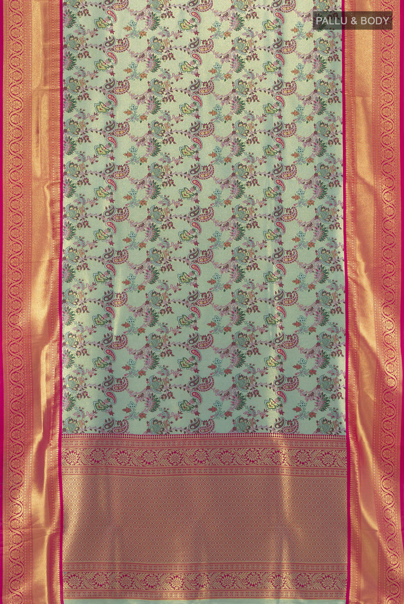 Flat view of Light Blue Art Silk Saree with Zari Butta on the body and Zari Border. 