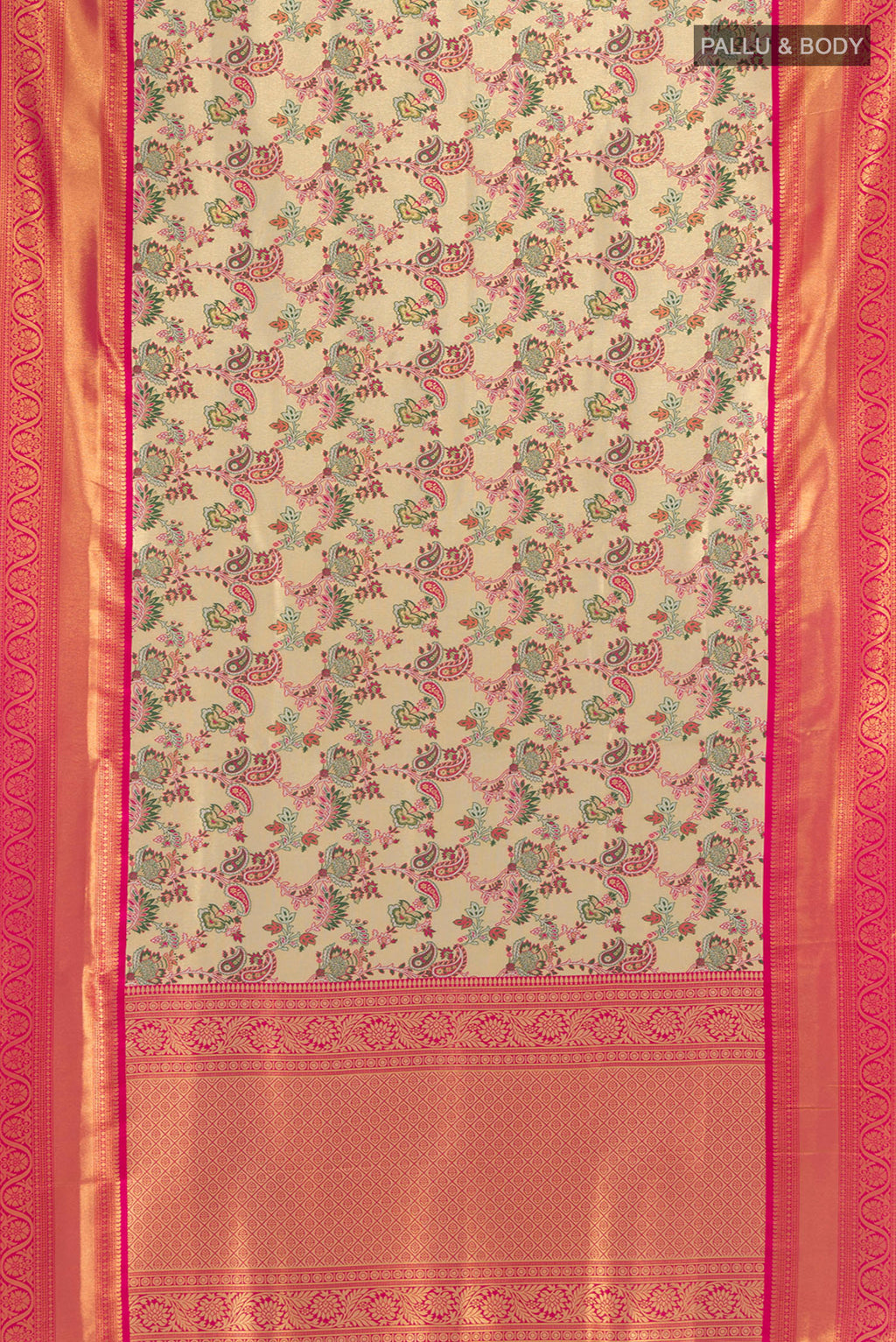 Flat view of Multi Color Art Silk Saree with Zari Butta on the body and Silk Border. 