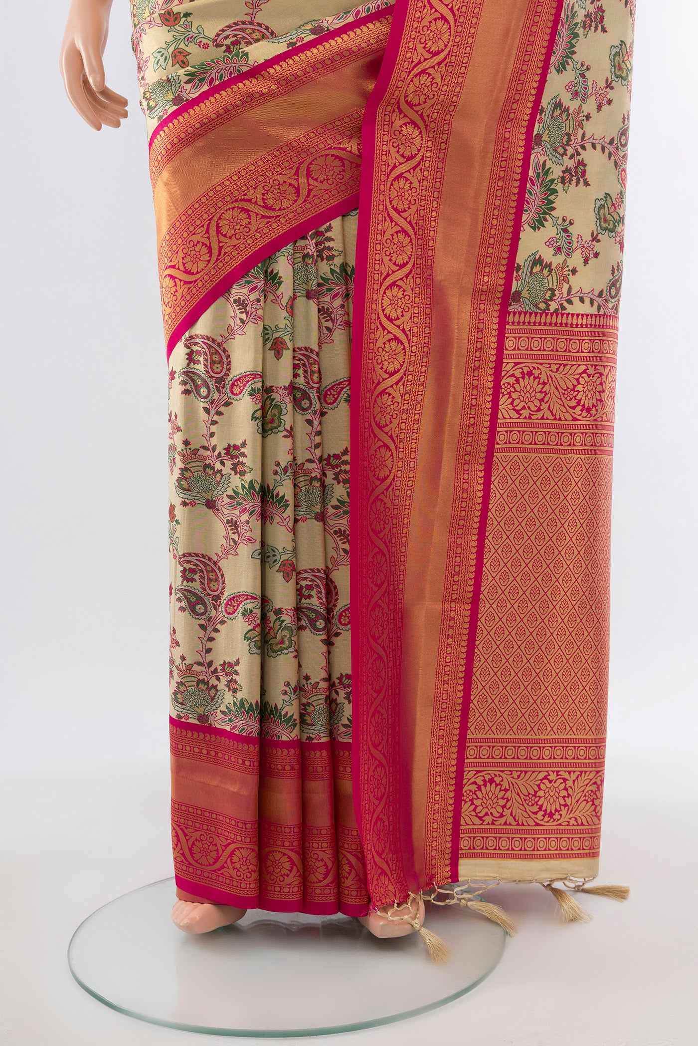 Pleats and pallu of Multi Color Art Silk Saree with Zari Butta on the body and Silk Border. 