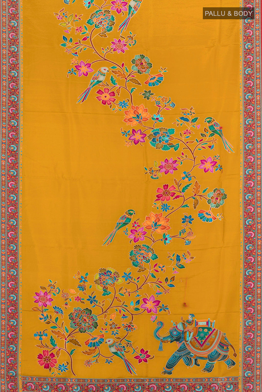Flat view of Mustard Art Silk Saree with Zari Butta on the body and Silk Border. 