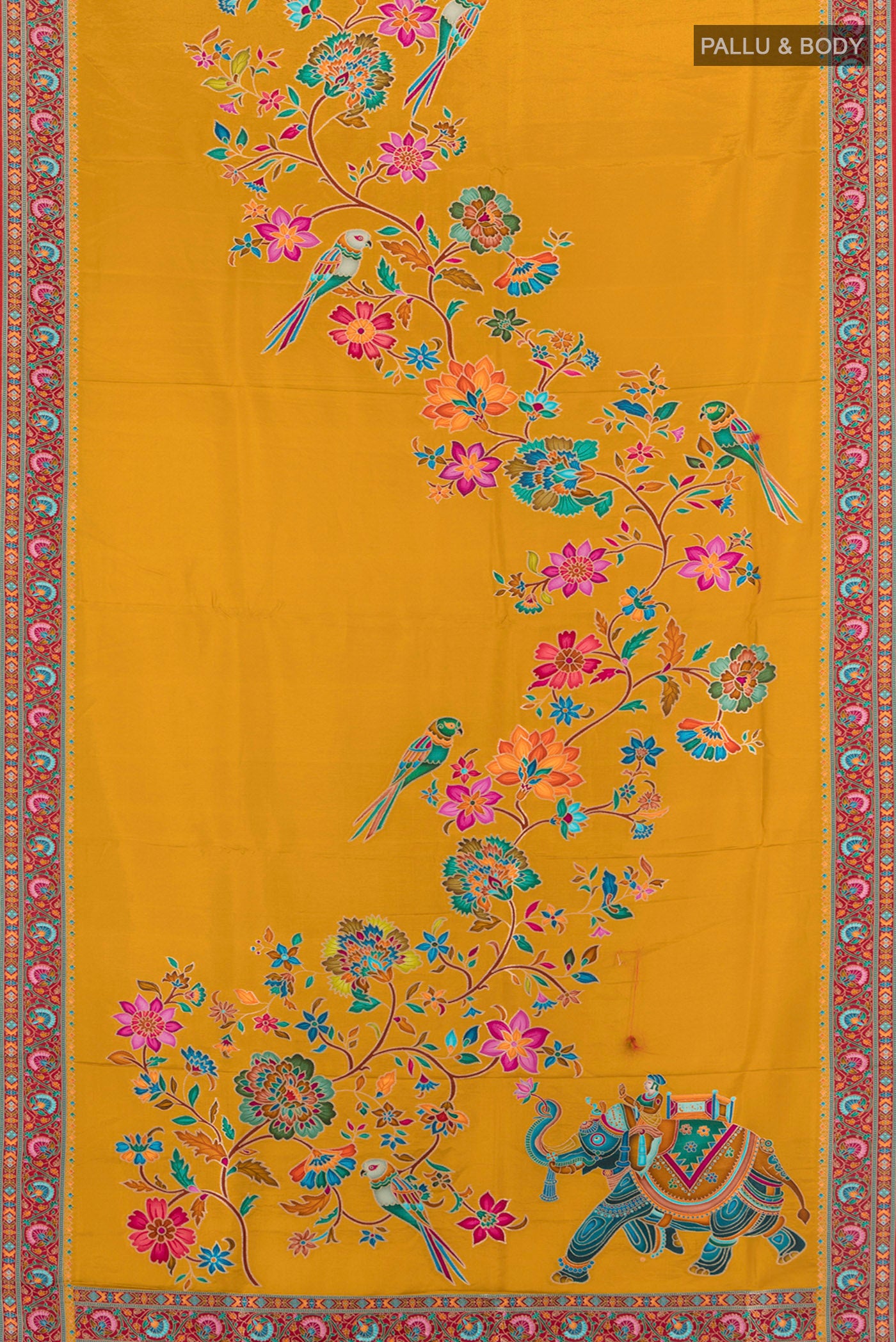 Flat view of Mustard Art Silk Saree with Zari Butta on the body and Silk Border. 