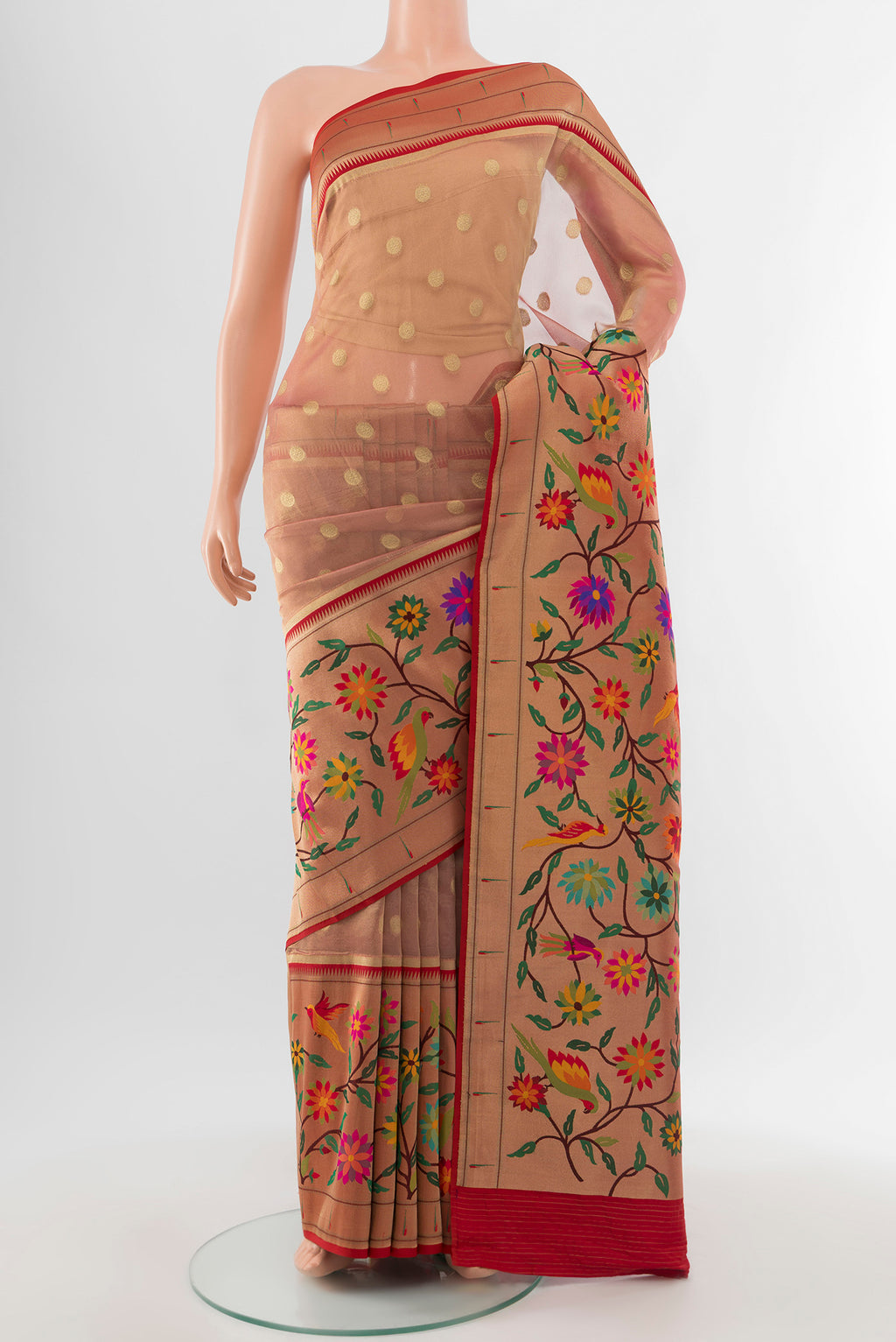 Multi Color Banarasi Silk Saree with Zari Butta on the body and Silk Border.  displayed on a mannequin