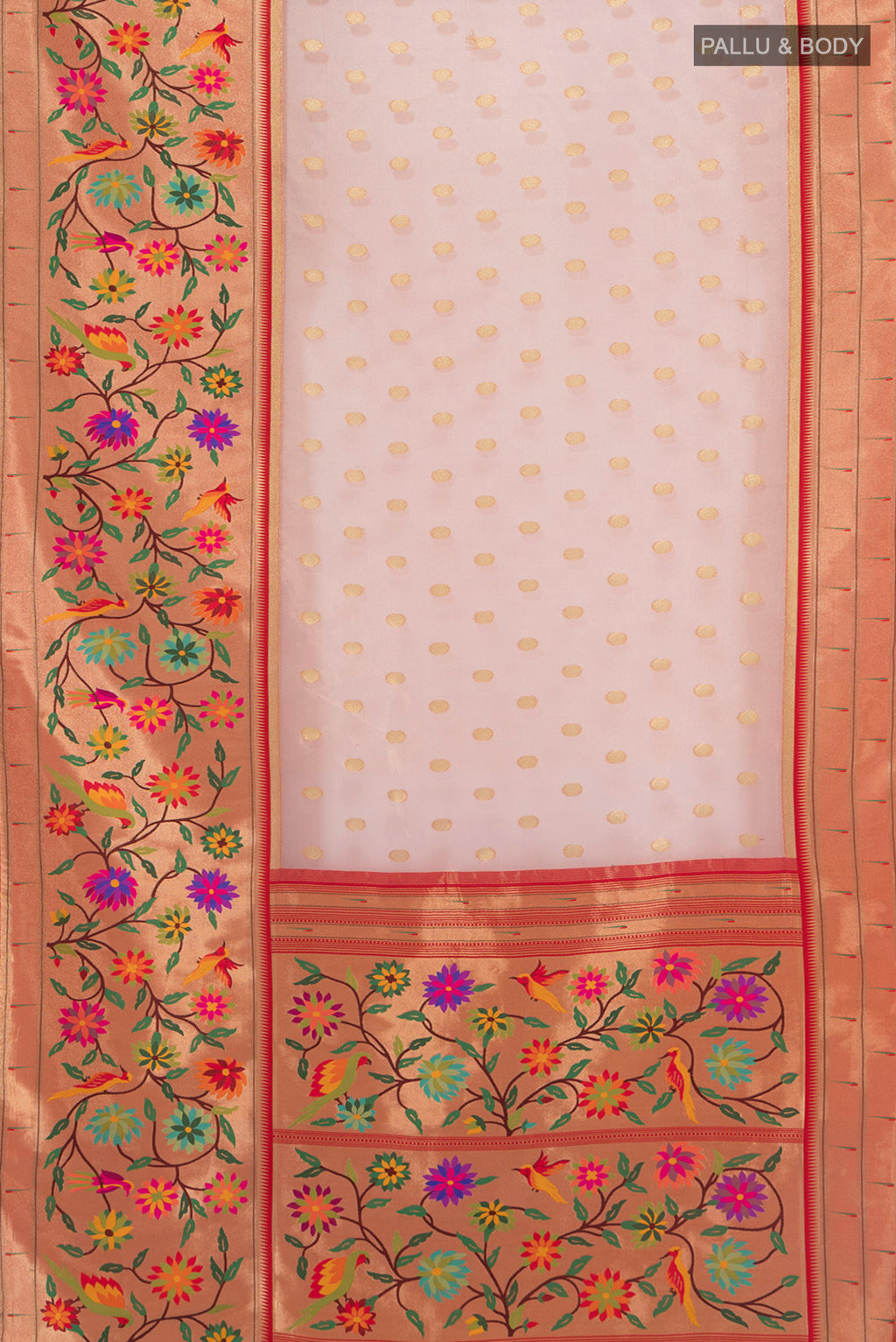 Flat view of Multi Color Banarasi Silk Saree with Zari Butta on the body and Silk Border. 