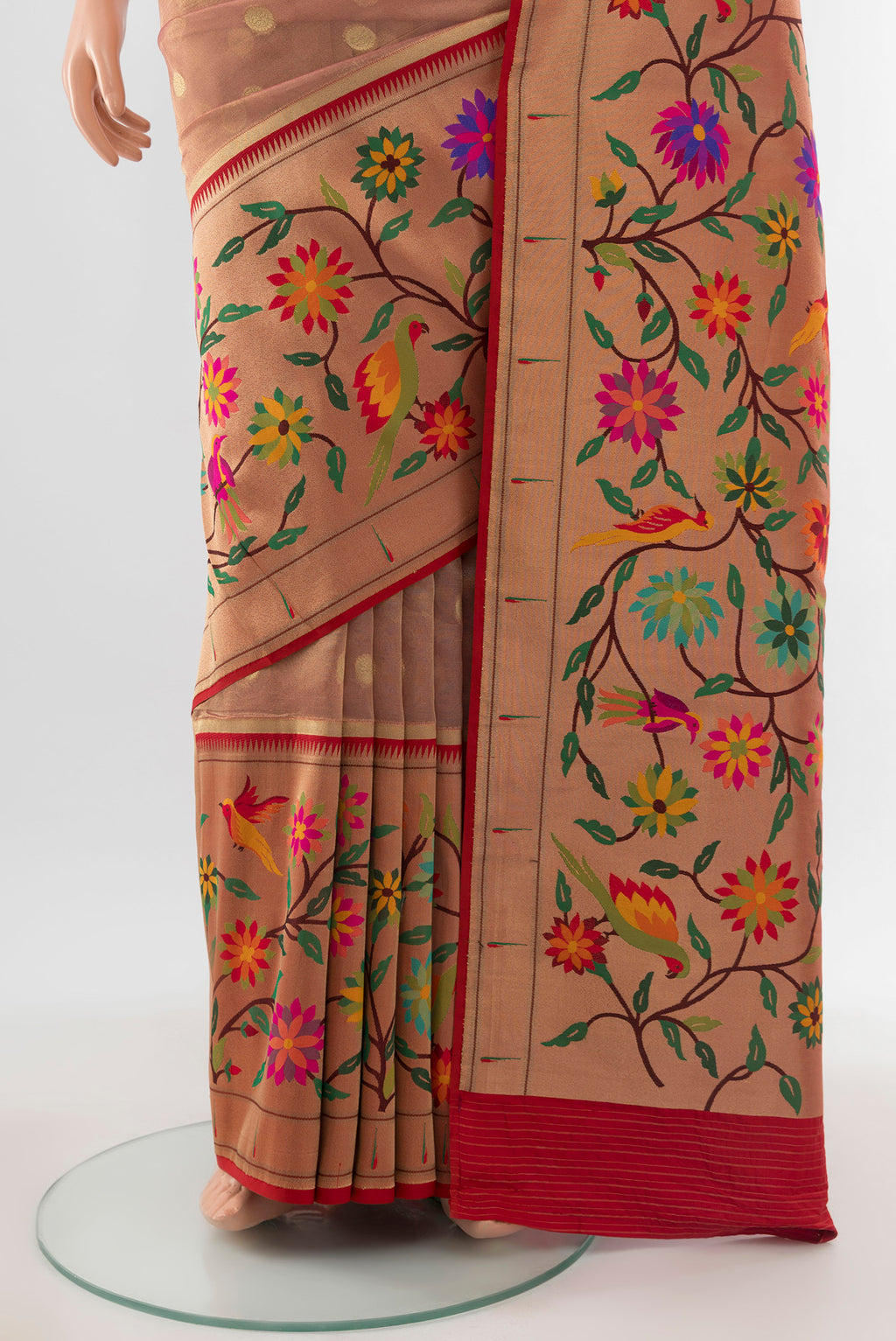 Pleats and pallu of Multi Color Banarasi Silk Saree with Zari Butta on the body and Silk Border. 