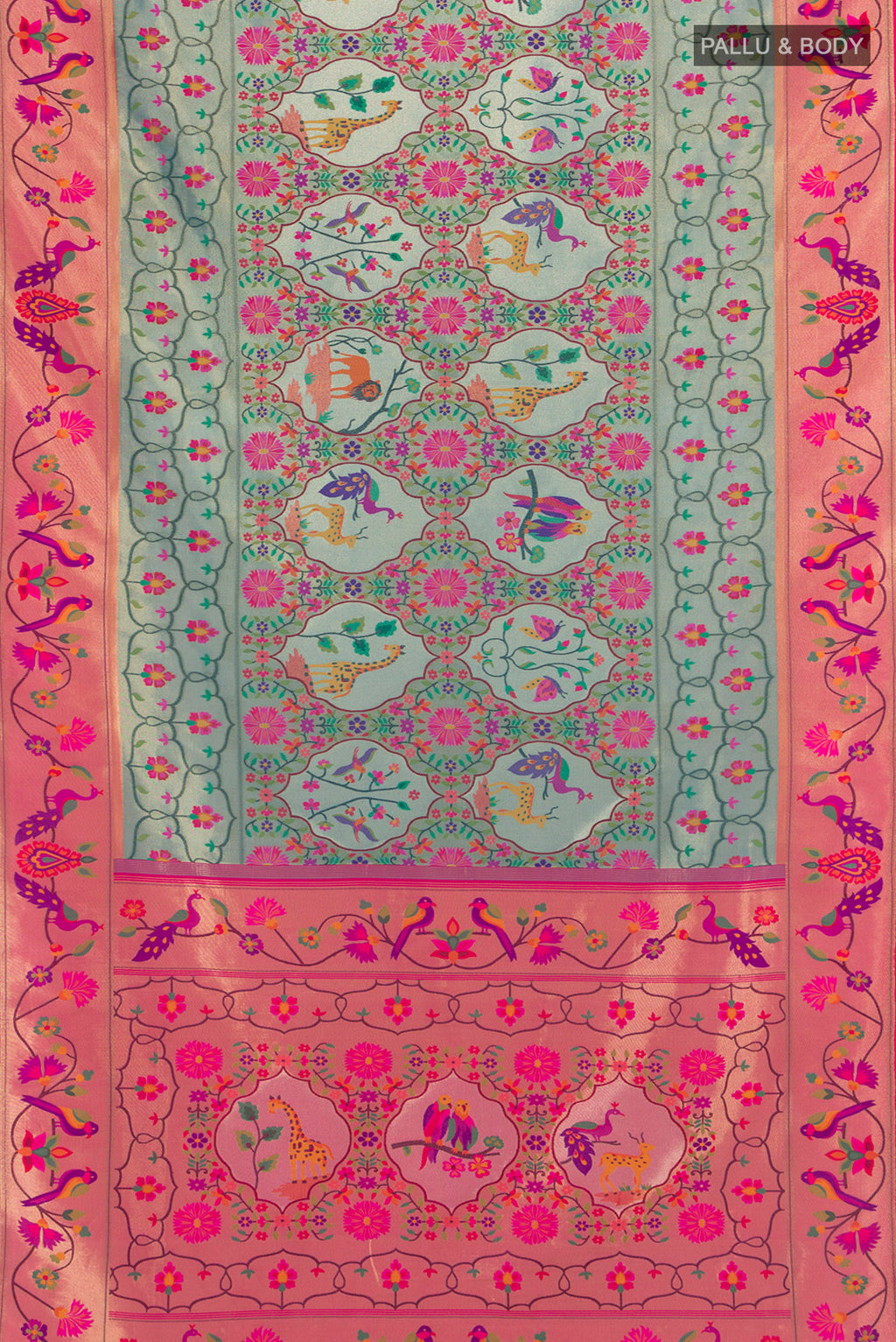 Flat view of Multi Color Banarasi Silk Saree with Floral Print on the body and Silk Border. 