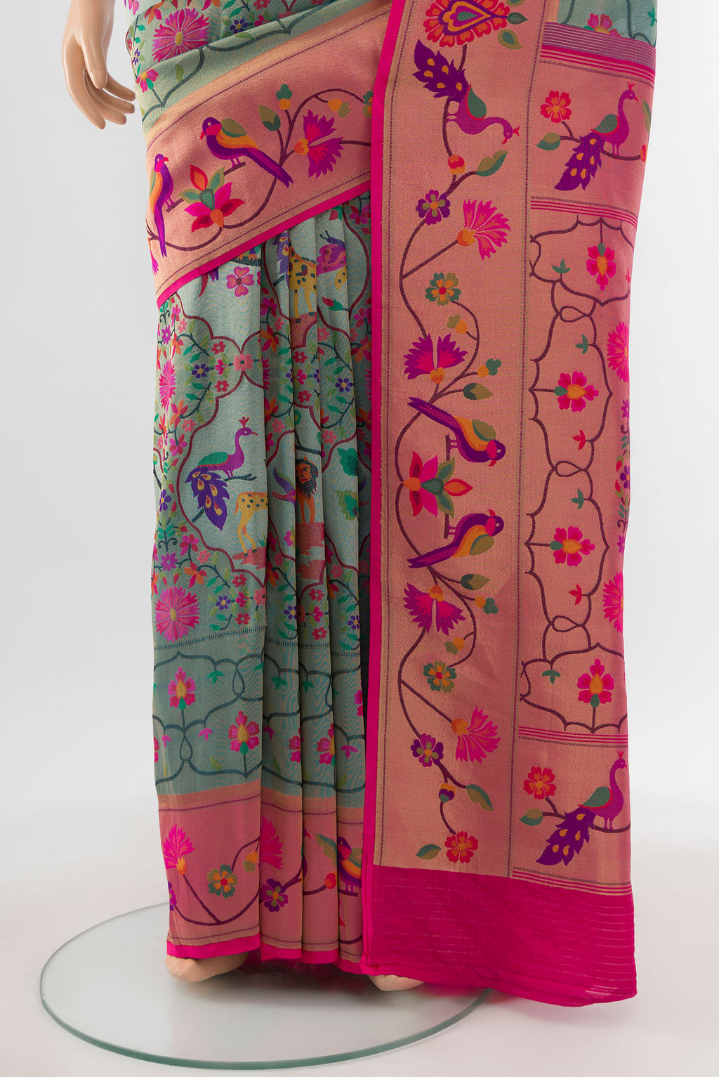Pleats and pallu of Multi Color Banarasi Silk Saree with Floral Print on the body and Silk Border. 
