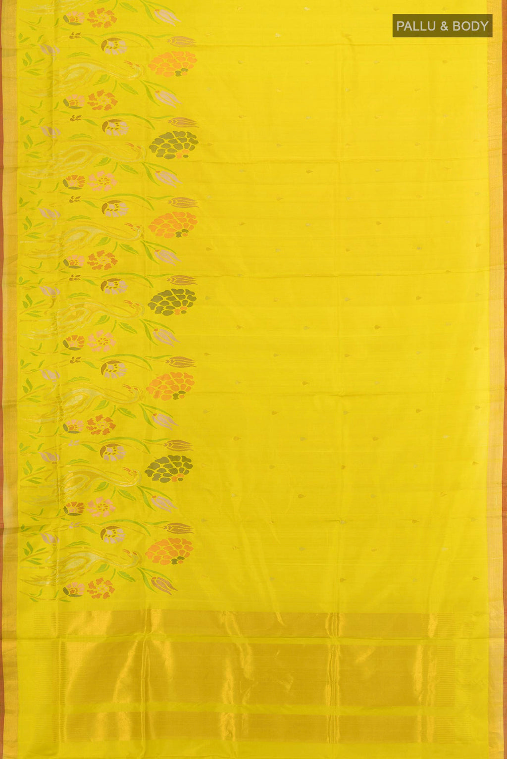 Flat view of Pure Silk Lemon Yellow Uppada Saree with Zari Butta on the body and Zari Border. 