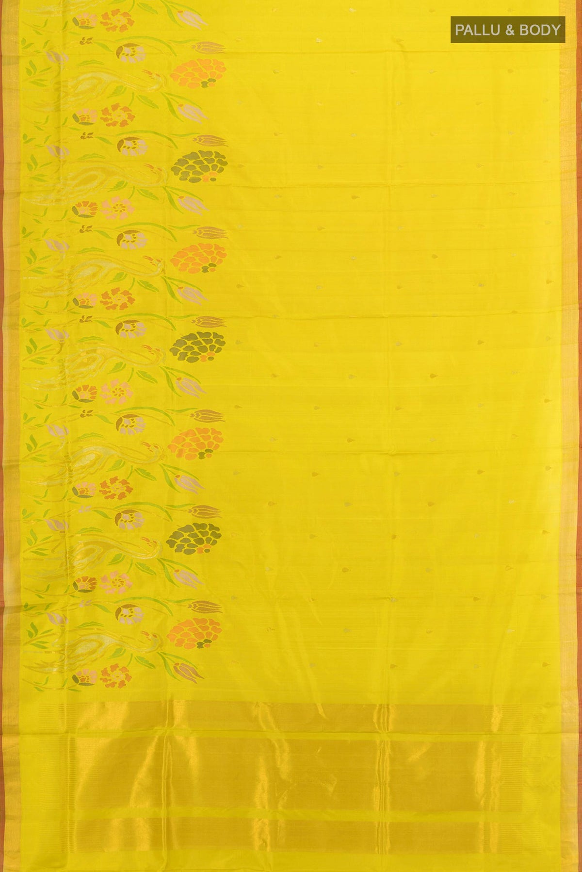 Flat view of Pure Silk Lemon Yellow Uppada Saree with Zari Butta on the body and Zari Border. 
