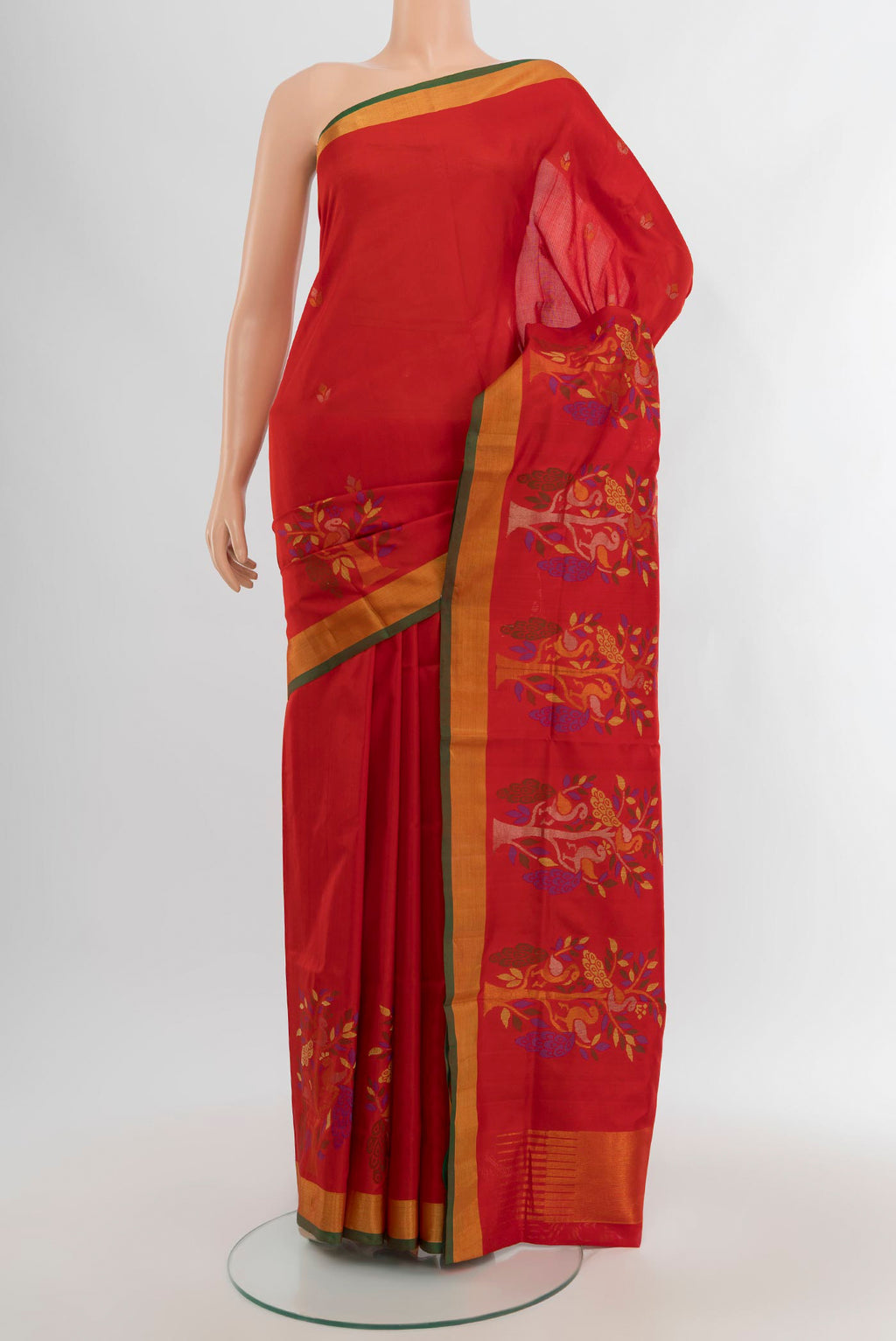 Red Uppada Silk Saree with Zari Butta on the body and Zari Border.  displayed on a mannequin