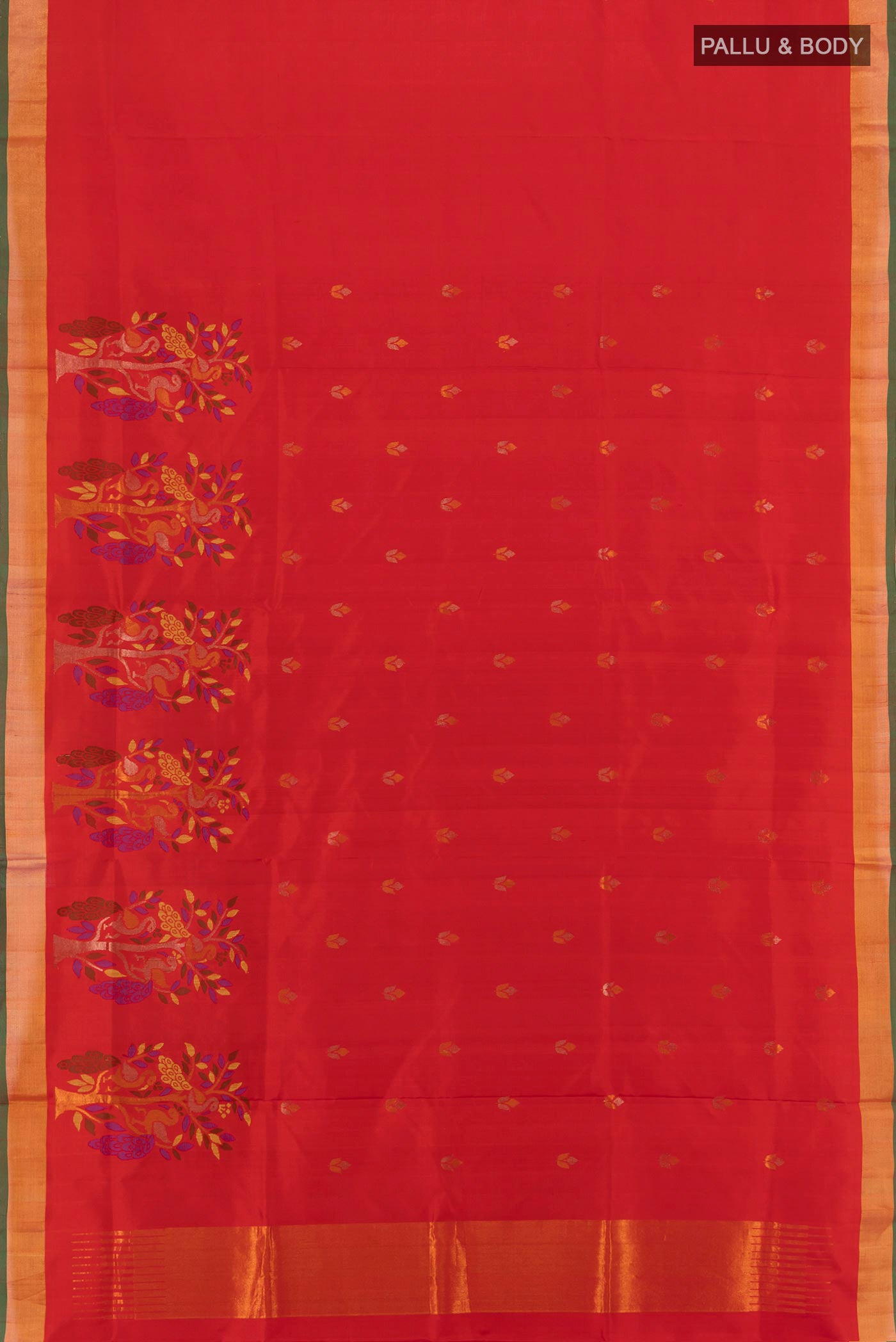 Flat view of Red Uppada Silk Saree with Zari Butta on the body and Zari Border. 