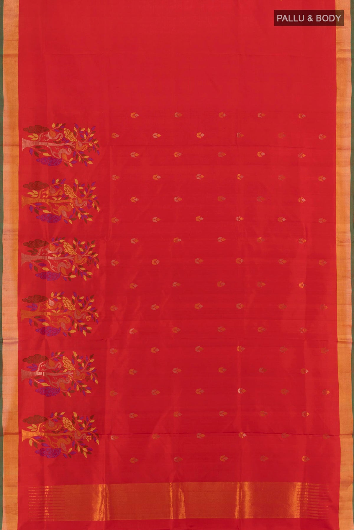 Flat view of Red Uppada Silk Saree with Zari Butta on the body and Zari Border. 