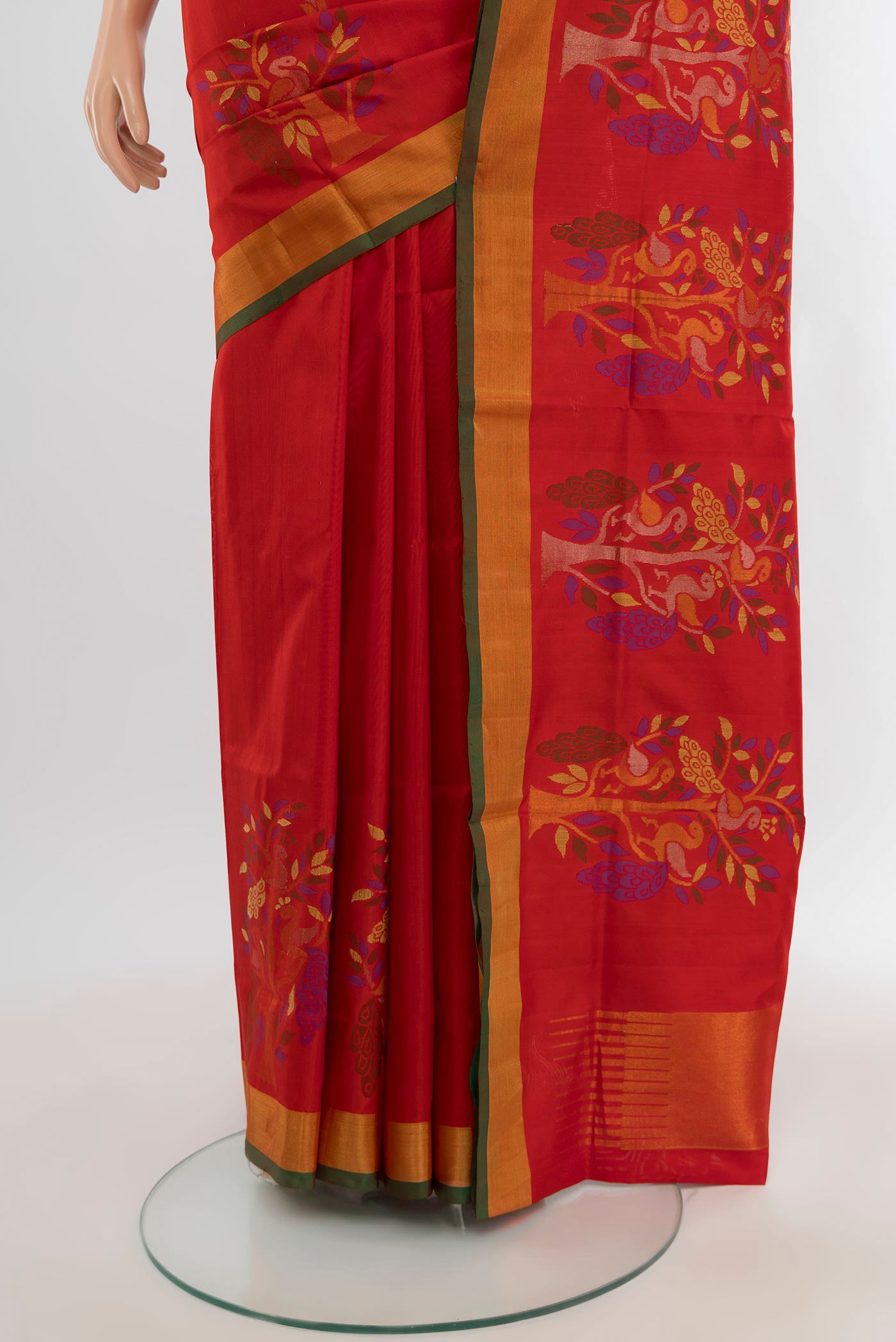 Pleats and pallu of Red Uppada Silk Saree with Zari Butta on the body and Zari Border. 