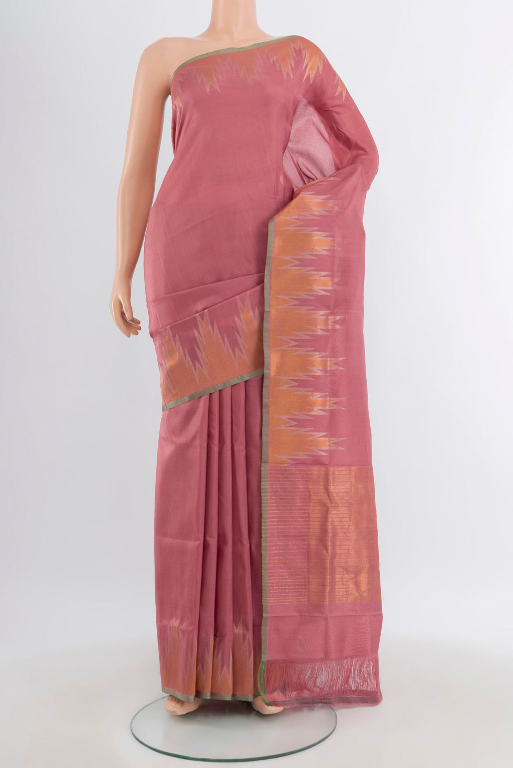 Rose Gold Uppada Silk Saree with Plain Body and Temple Border.  displayed on a mannequin