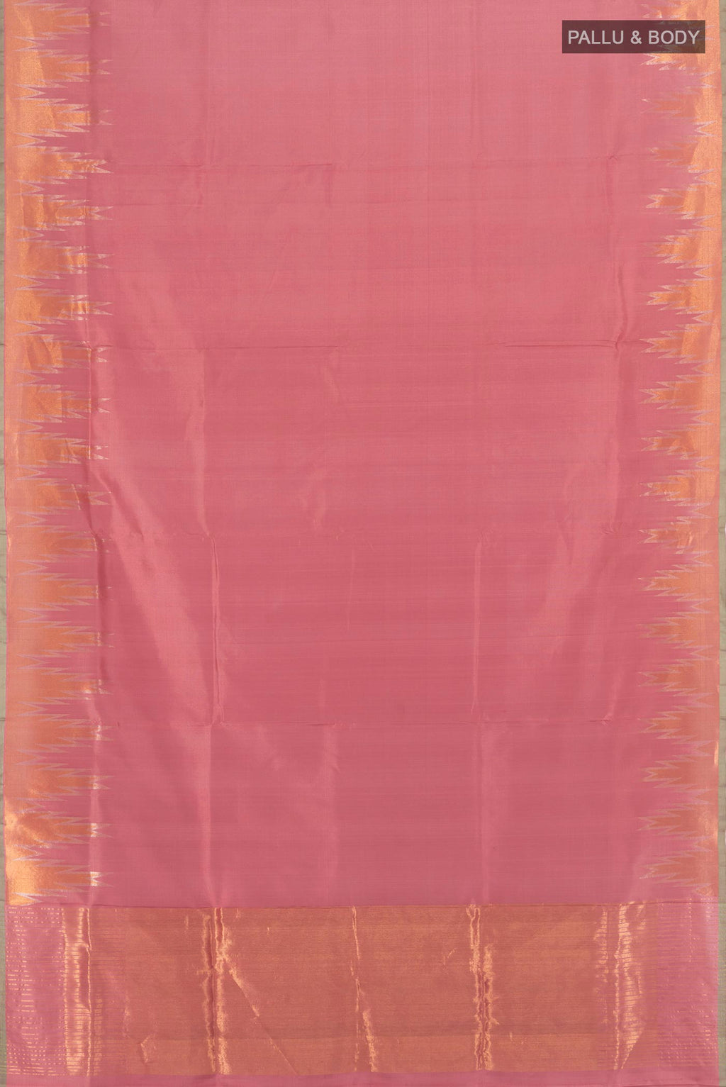 Flat view of Rose Gold Uppada Silk Saree with Plain Body and Temple Border. 