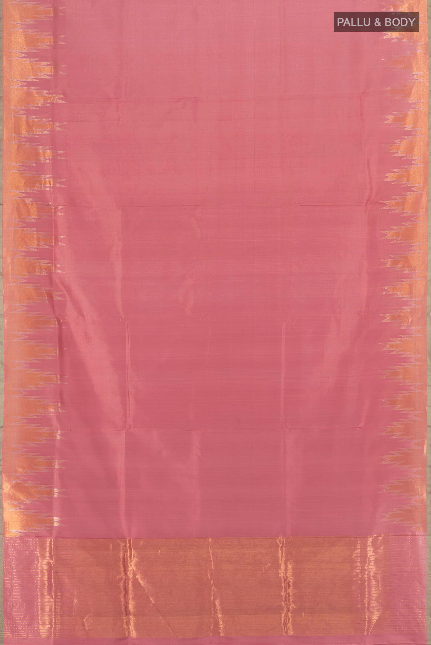 Flat view of Rose Gold Uppada Silk Saree with Plain Body and Temple Border. 