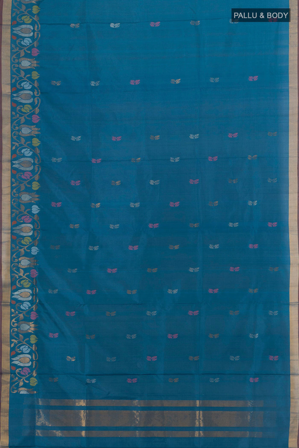 Flat view of Pure Silk Peacock Blue Uppada Saree with Zari Butta on the body and Zari Border. 