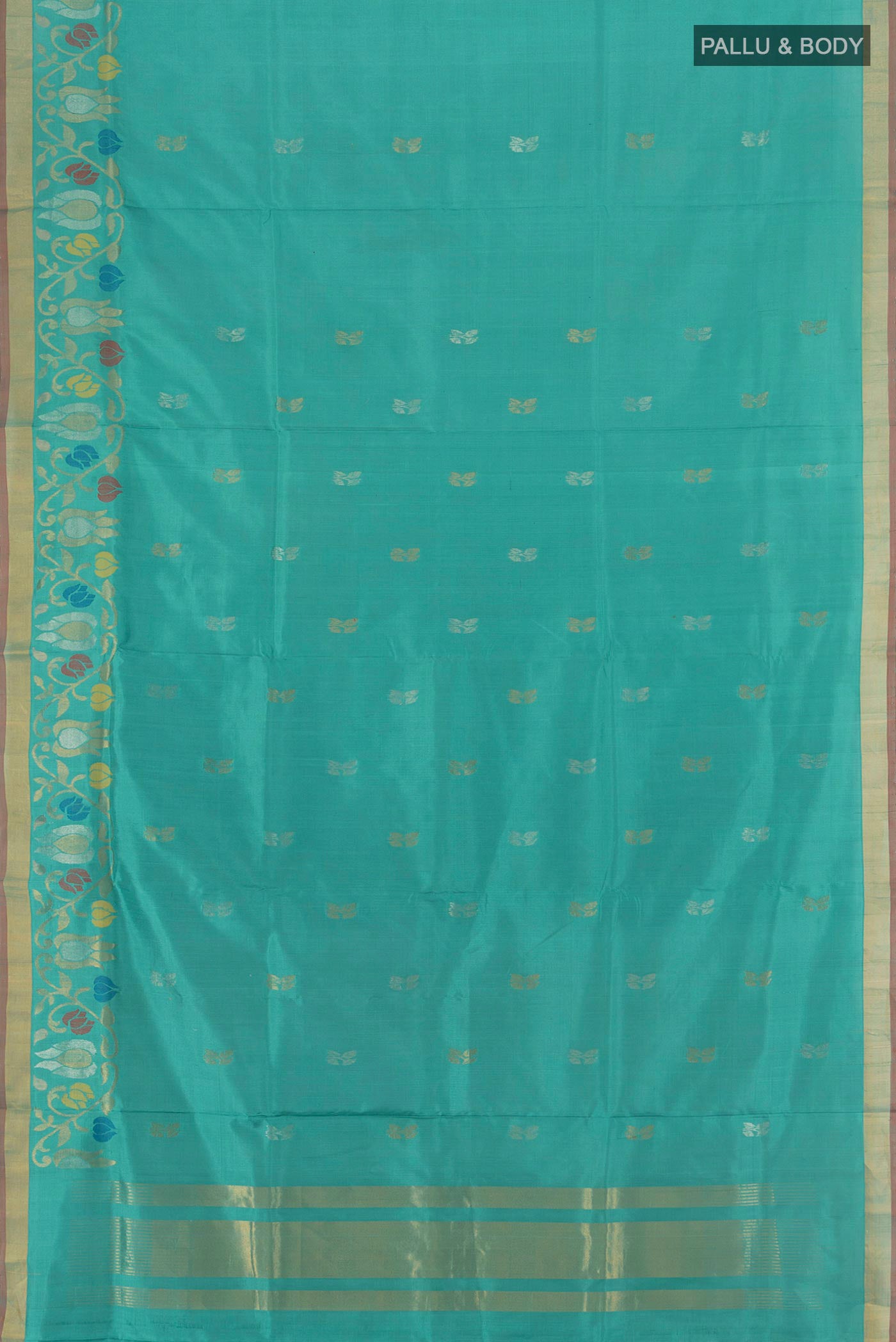 Flat view of Light Blue Uppada Silk Saree with Zari Butta on the body and Zari Border. 