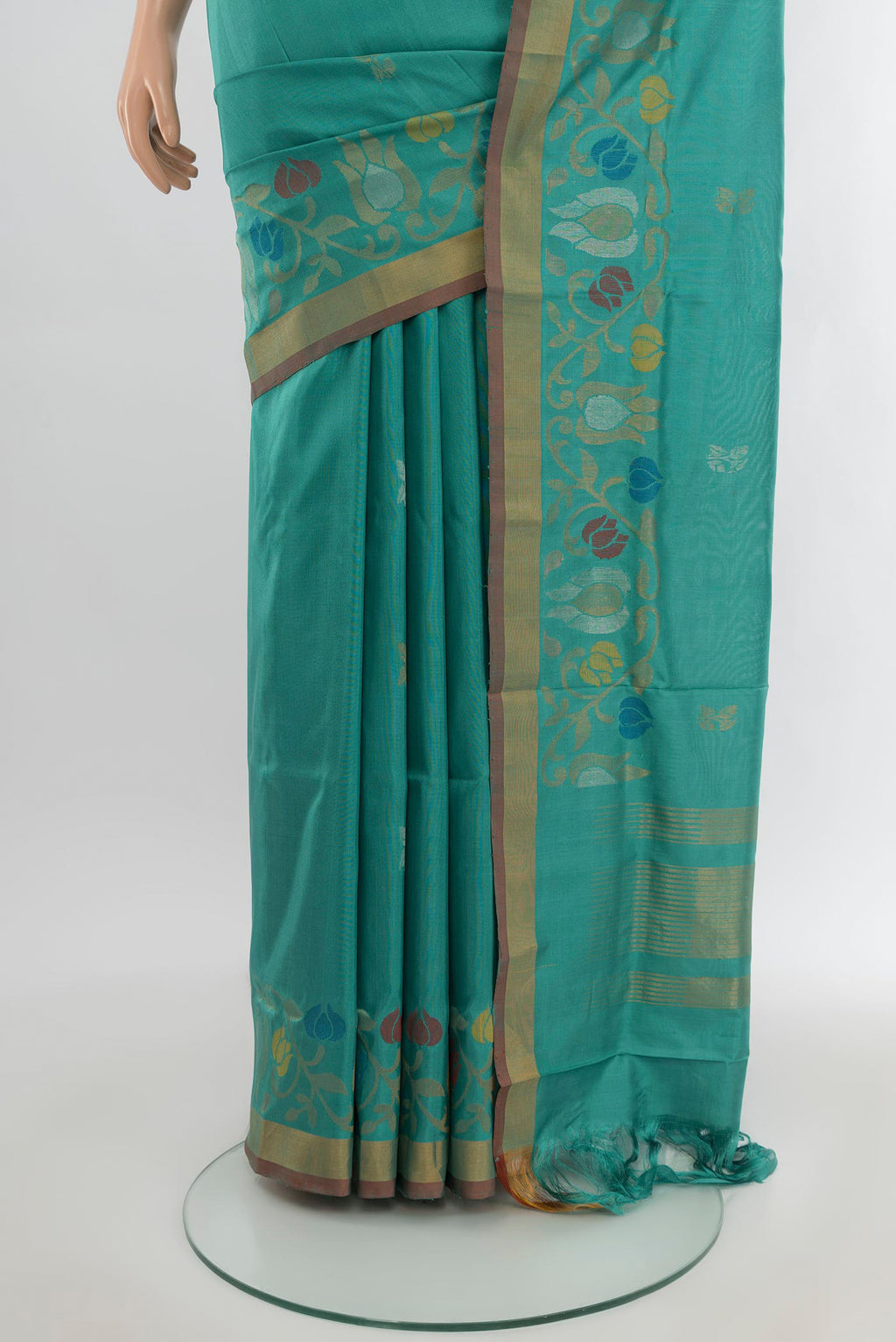 Pleats and pallu of Light Blue Uppada Silk Saree with Zari Butta on the body and Zari Border. 