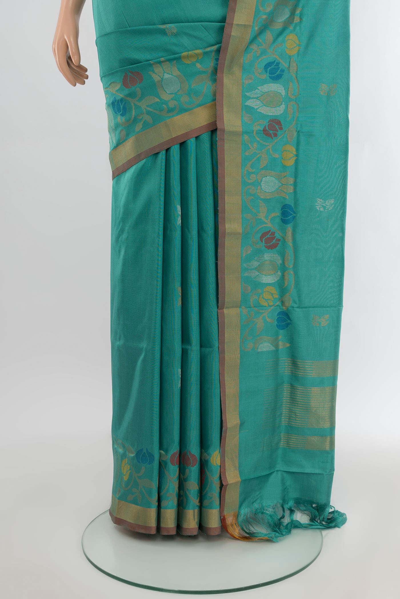 Pleats and pallu of Light Blue Uppada Silk Saree with Zari Butta on the body and Zari Border. 