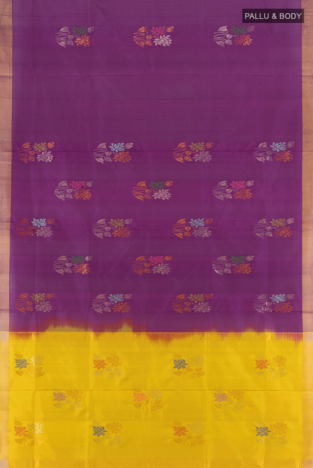 Flat view of Purple Uppada Silk Saree with Zari Butta on the body and Zari Border. 