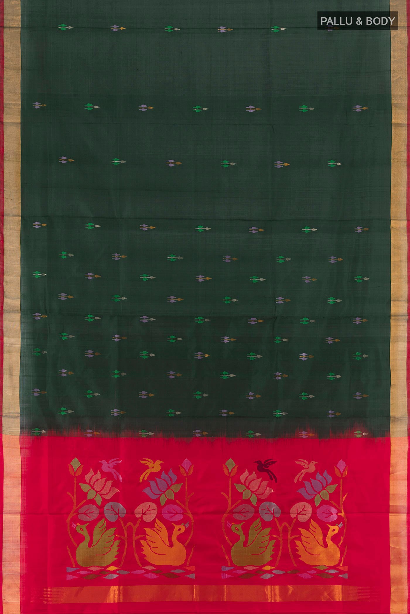 Flat view of Bottle Green Uppada Silk Saree with Zari Butta on the body and Zari Border. 