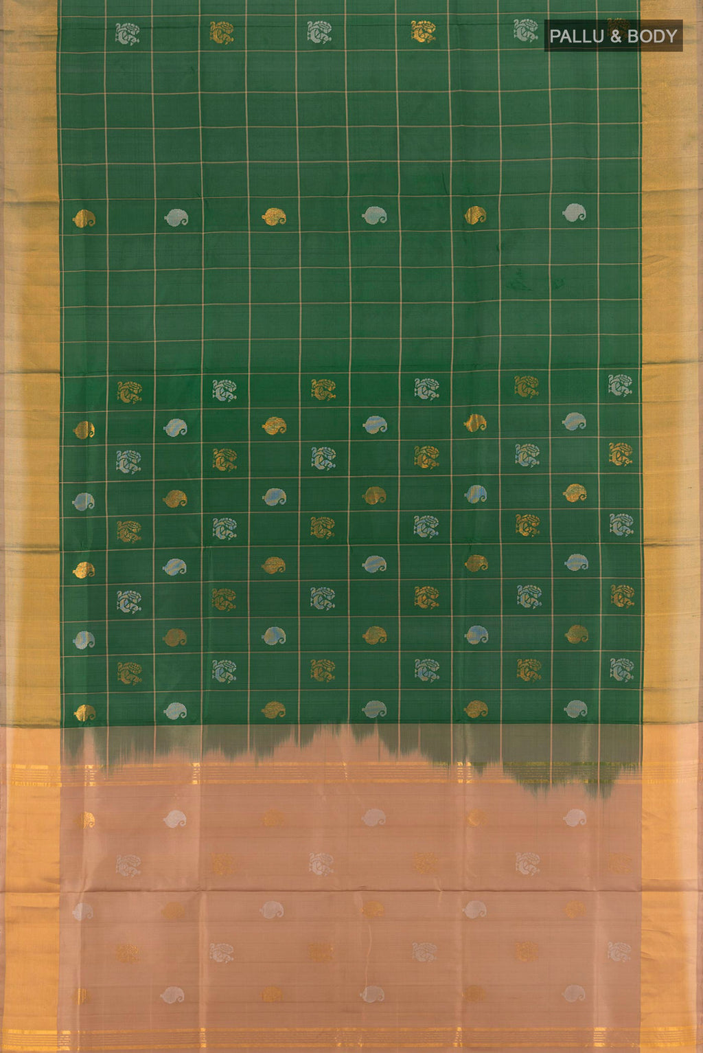 Flat view of Bottle Green Uppada Silk Saree with Checked design on the body and Zari Border. 