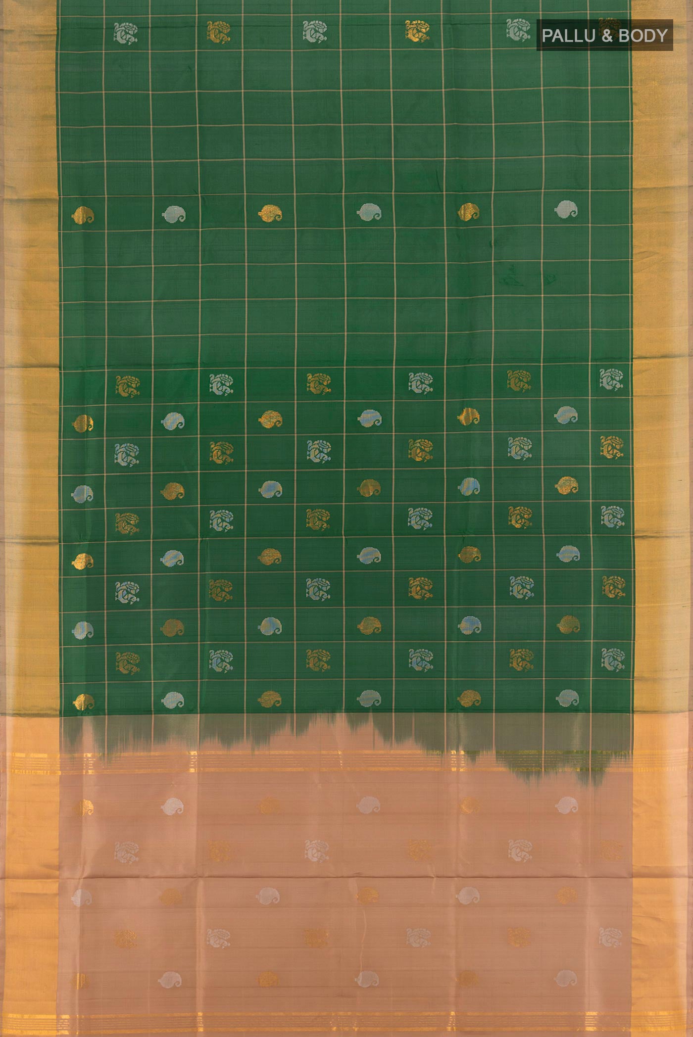 Flat view of Bottle Green Uppada Silk Saree with Checked design on the body and Zari Border. 