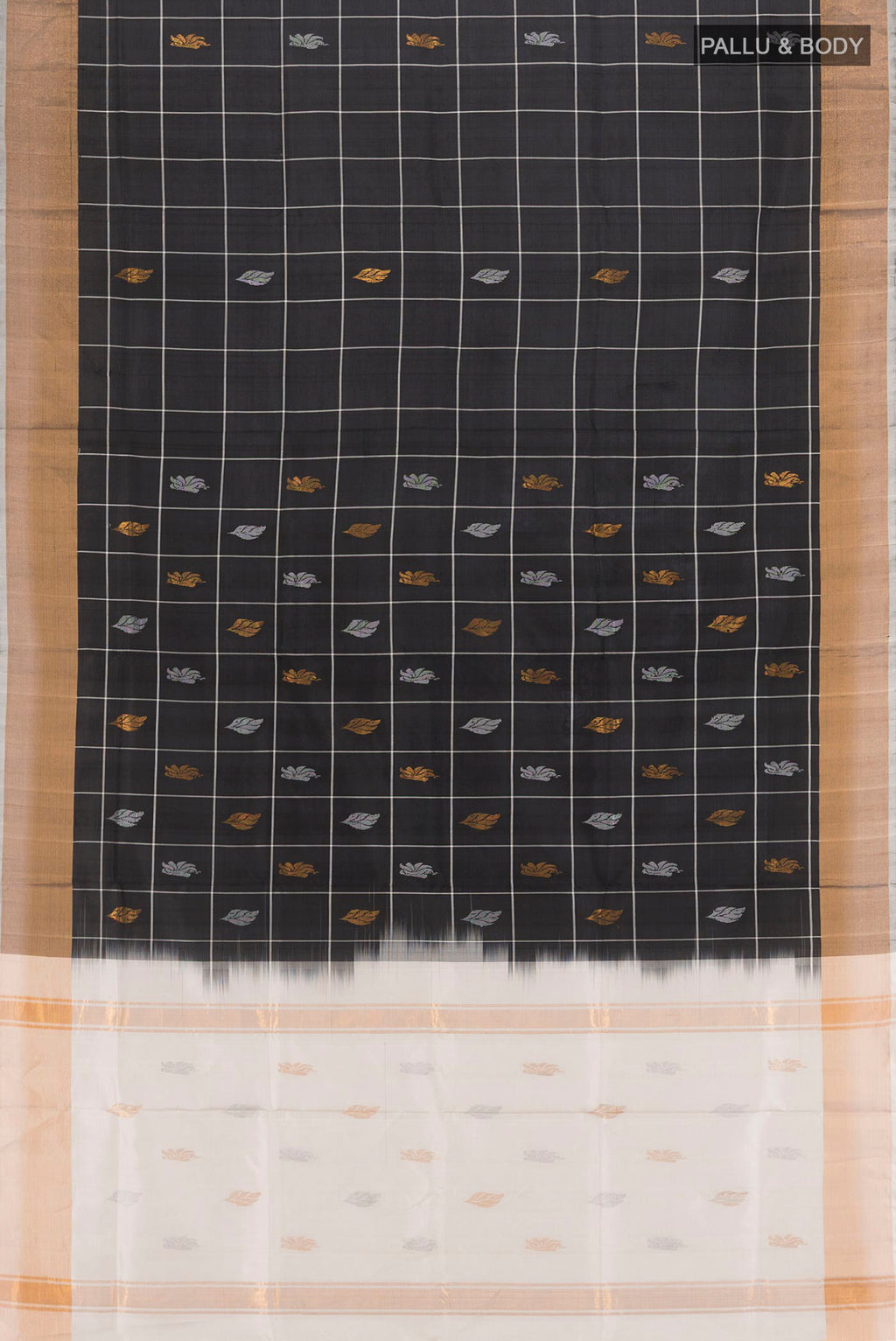 Flat view of Black Uppada Silk Saree with Checked design on the body and Zari Border. 