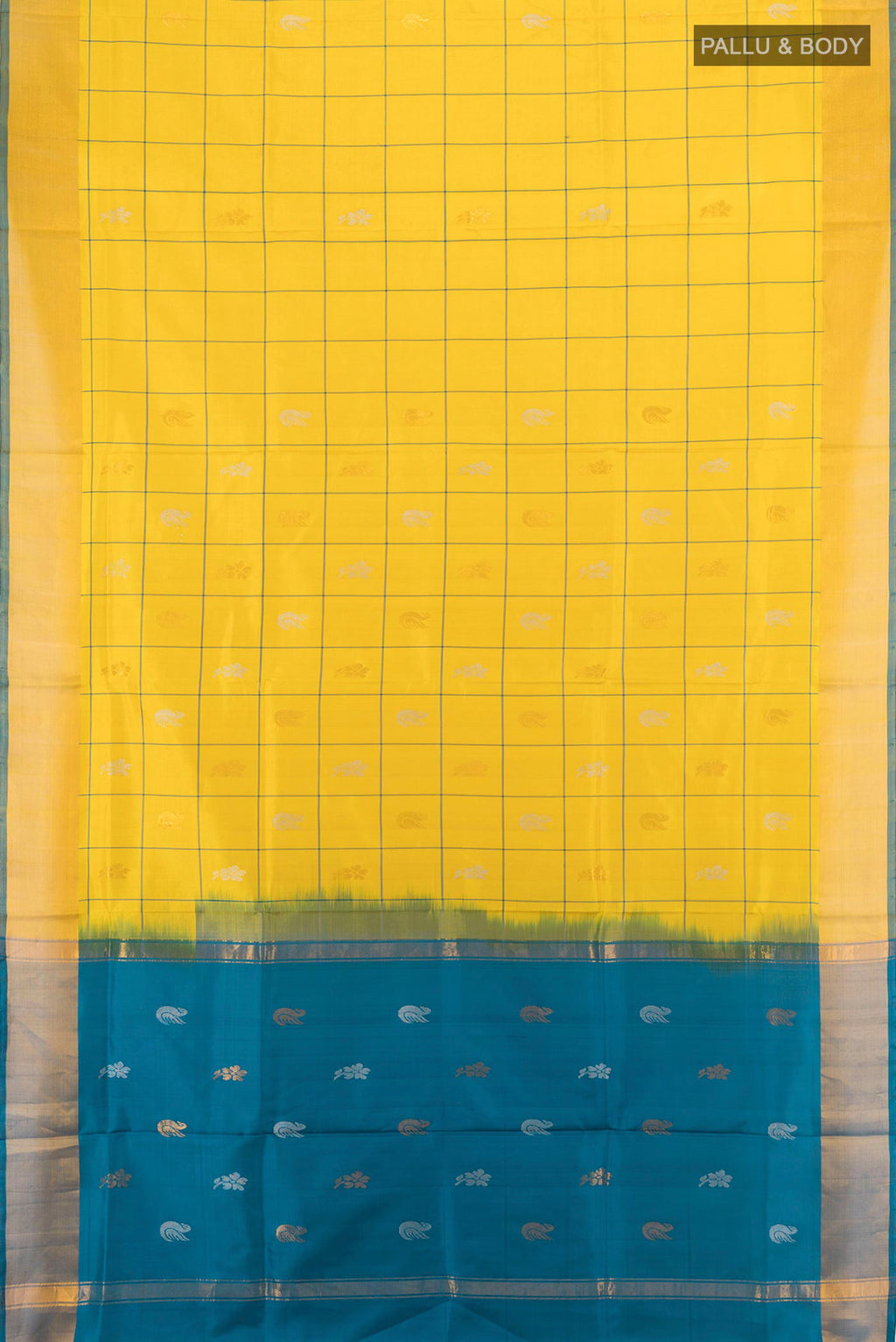 Flat view of Pure Silk Yellow Uppada Saree with Checked design on the body and Zari Border. 