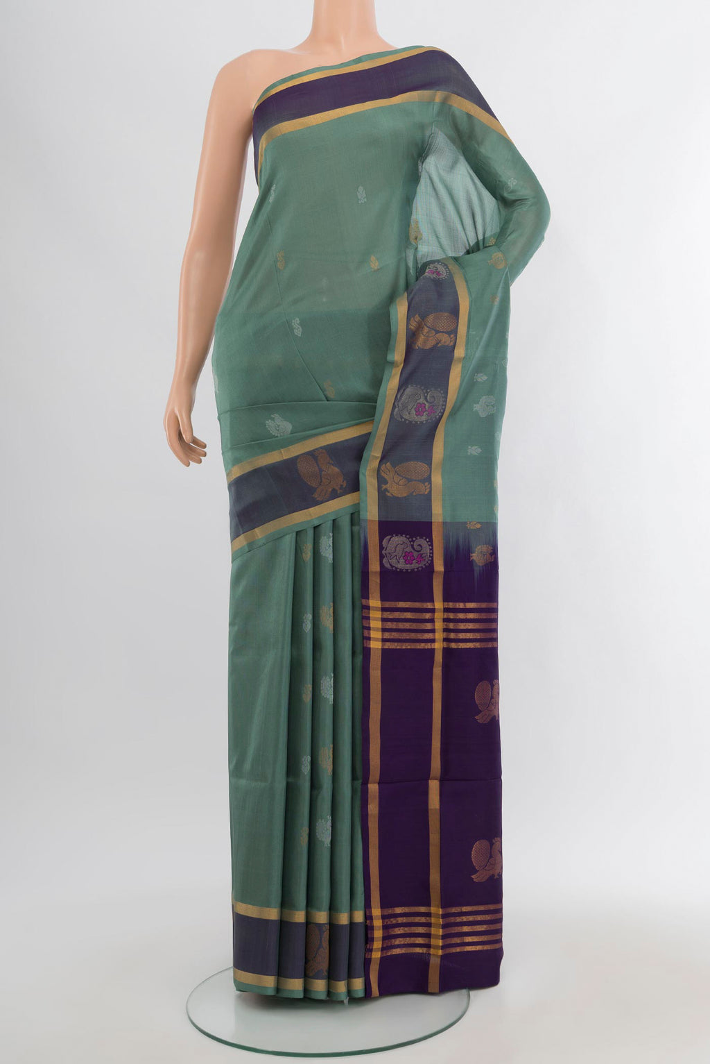 Grey Uppada Silk Saree with Zari Butta on the body and Plain Border.  displayed on a mannequin