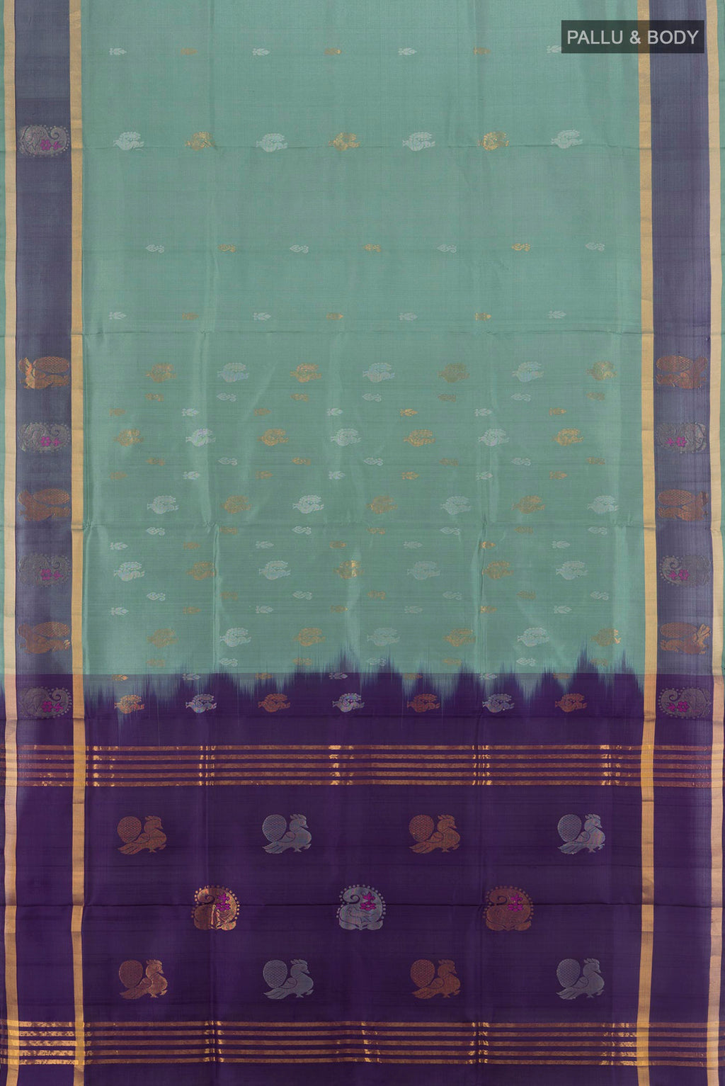 Flat view of Grey Uppada Silk Saree with Zari Butta on the body and Plain Border. 