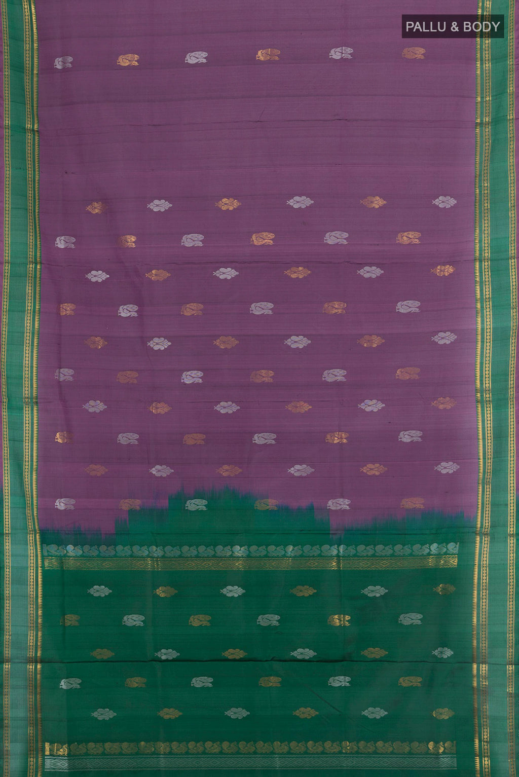 Flat view of Pure Silk Mauve Uppada Saree with Zari Butta on the body and Zari Border. 