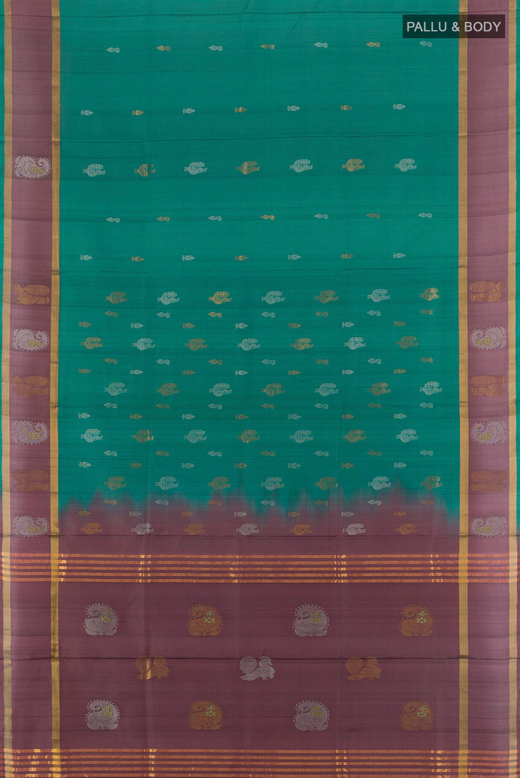 Flat view of Pure Silk Green Uppada Saree with Zari Butta on the body and Zari Border. 