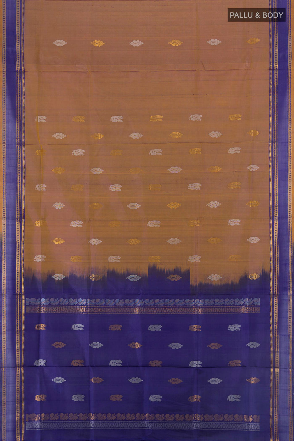 Flat view of Pure Silk Brown Uppada Saree with Zari Butta on the body and Plain Border. 