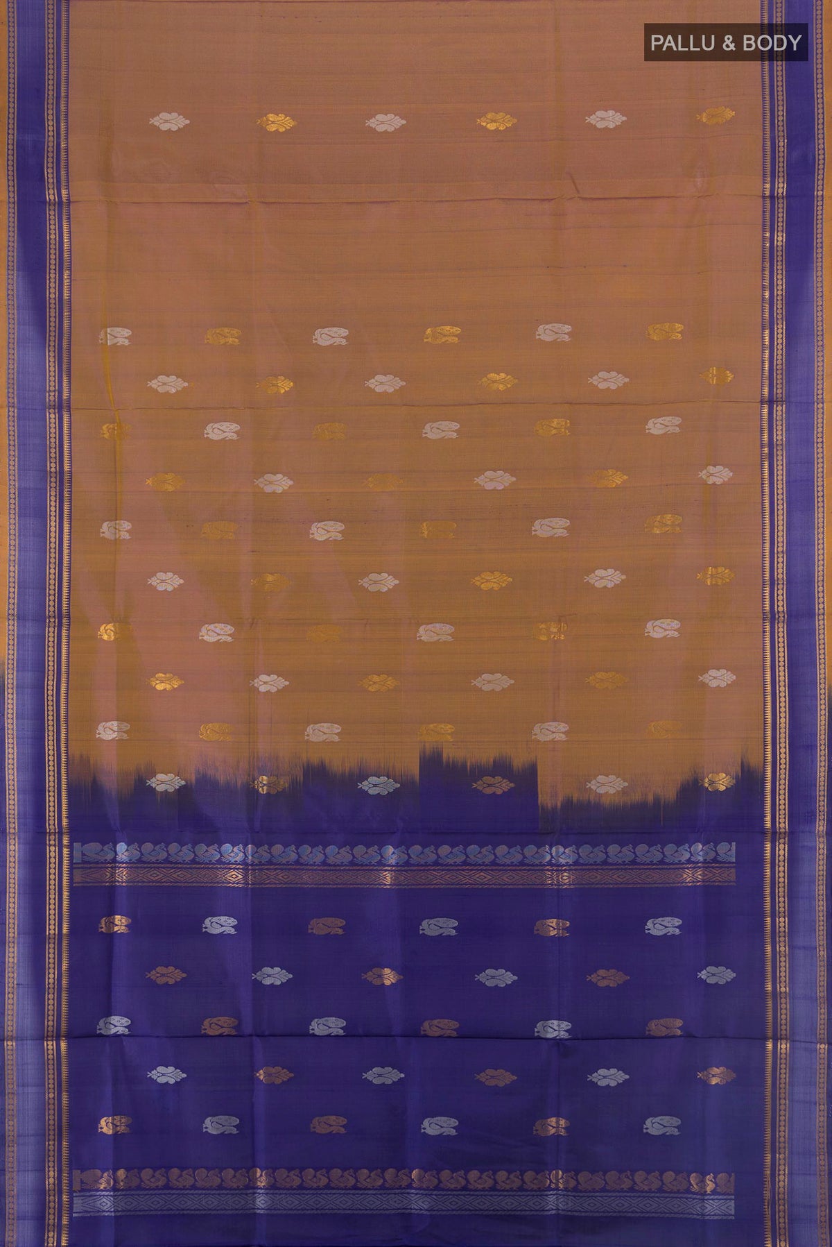 Flat view of Pure Silk Brown Uppada Saree with Zari Butta on the body and Plain Border. 