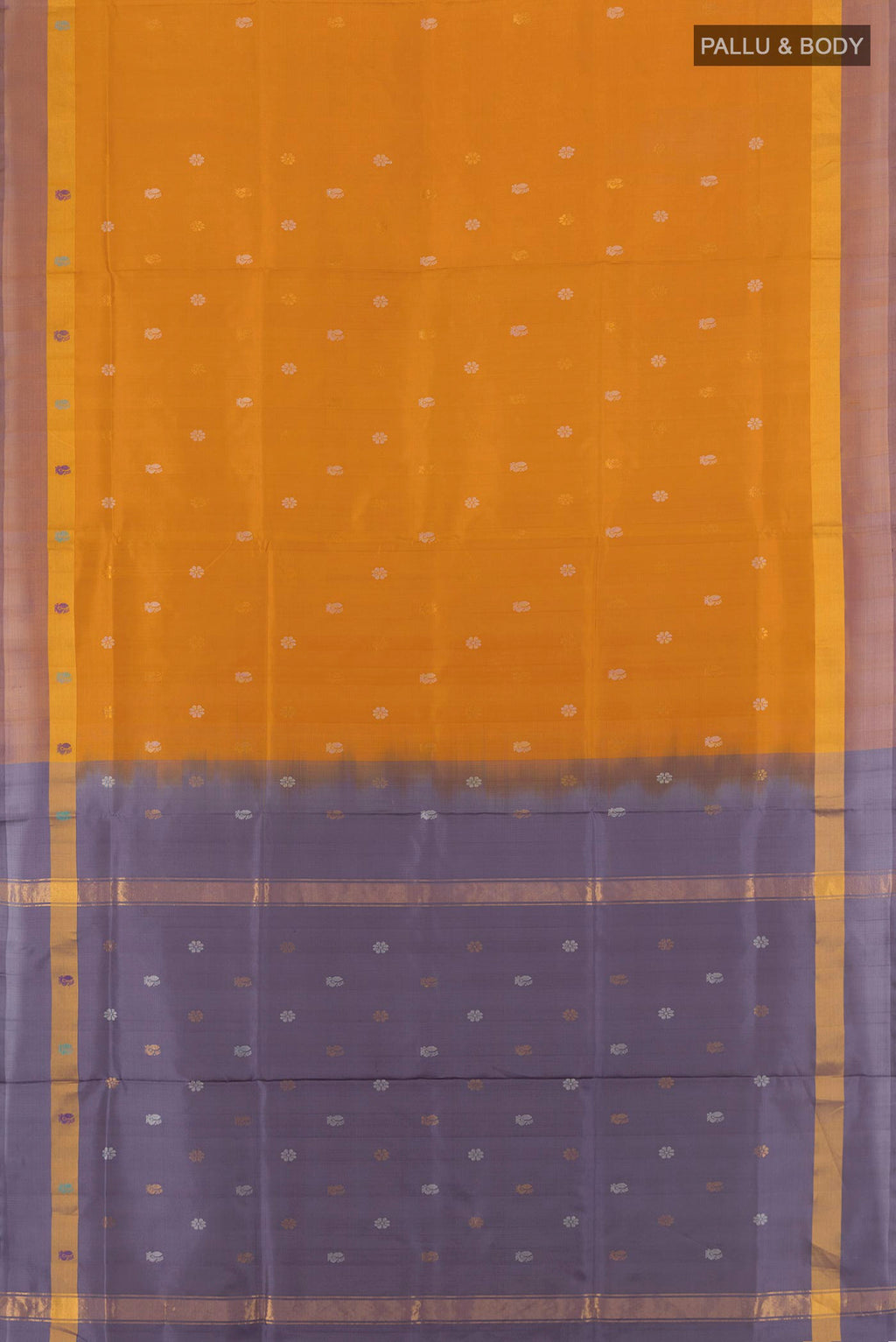 Flat view of Mustard Uppada Silk Saree with Zari Butta on the body and Plain Border. 