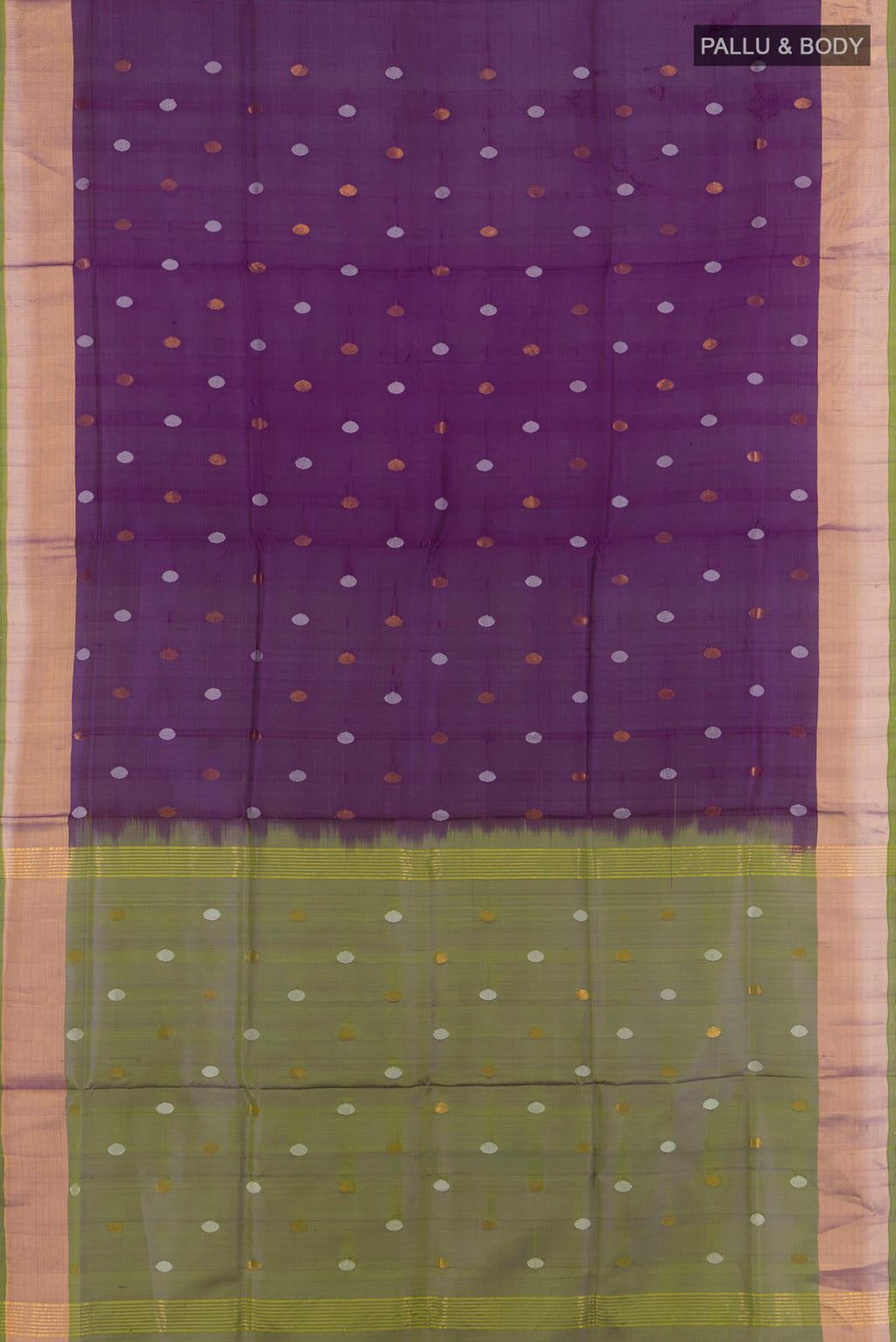 Flat view of Violet Uppada Silk Saree with Zari Butta on the body and Zari Border. 