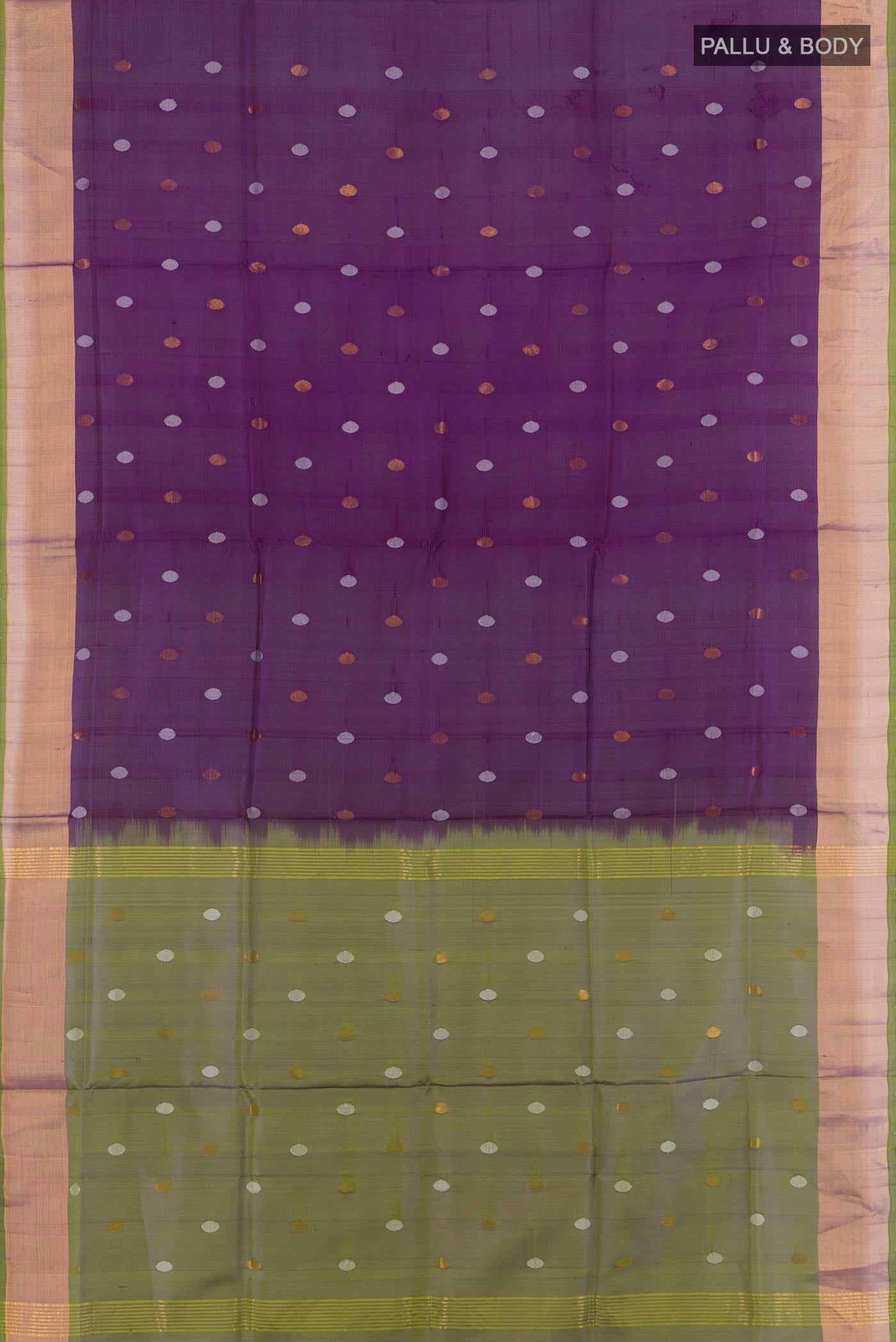 Flat view of Violet Uppada Silk Saree with Zari Butta on the body and Zari Border. 