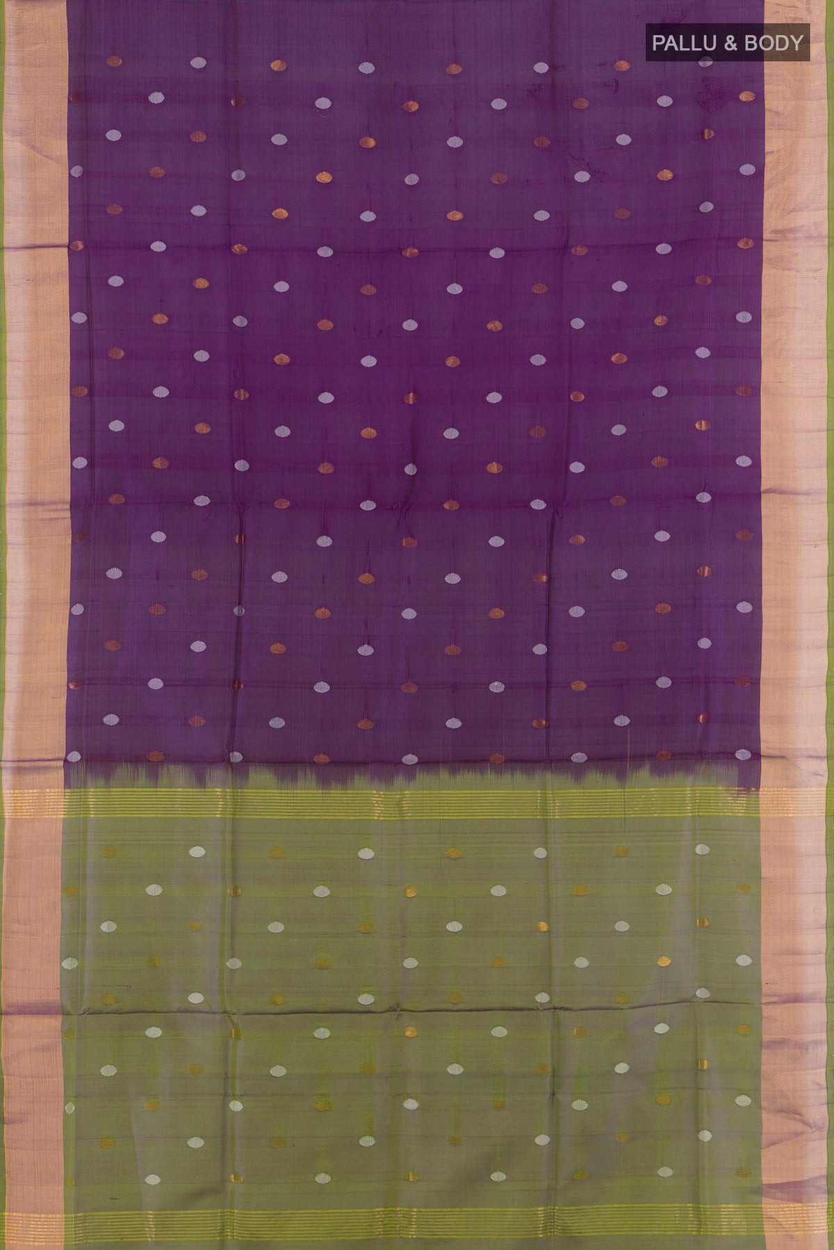Flat view of Violet Uppada Silk Saree with Zari Butta on the body and Zari Border. 