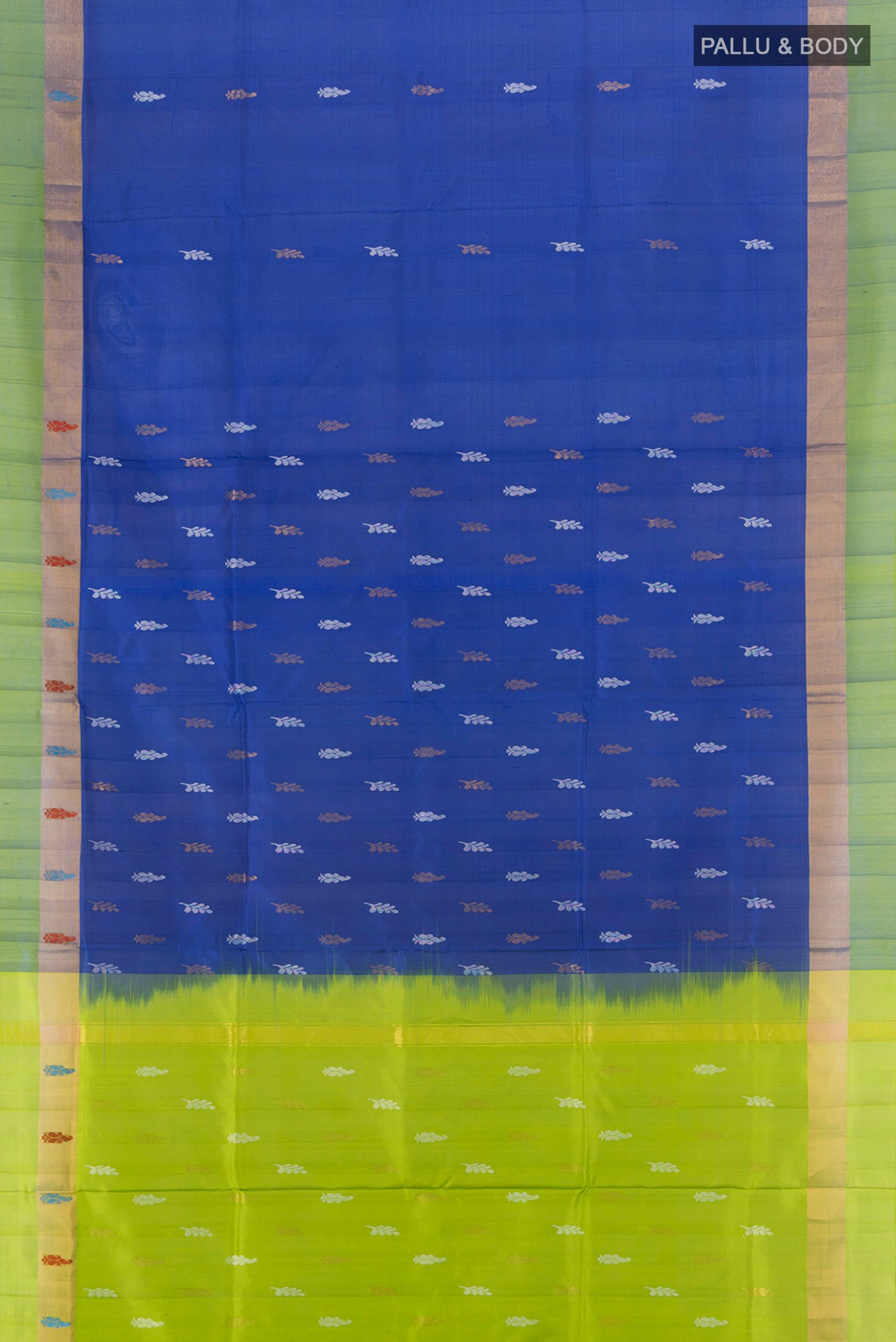Flat view of Blue Uppada Silk Saree with Zari Butta on the body and Zari Border. 