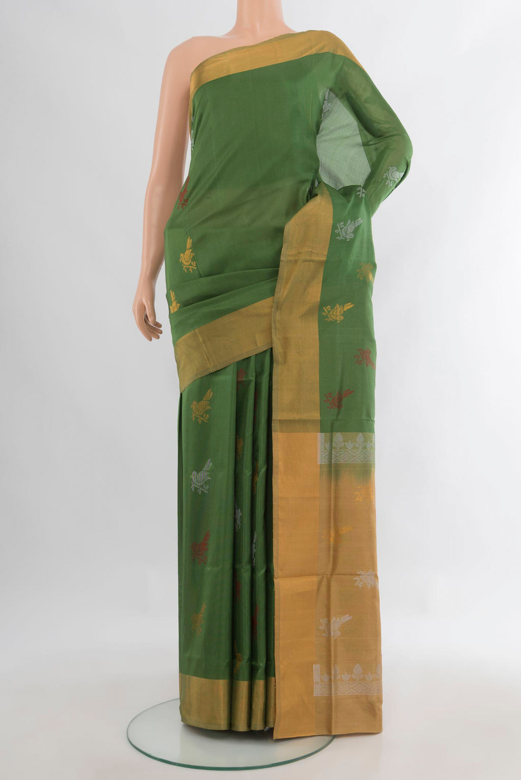 Pure Silk Green Uppada Saree with Zari Butta on the body and Zari Border.  displayed on a mannequin