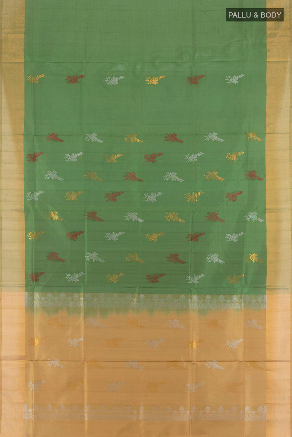 Flat view of Pure Silk Green Uppada Saree with Zari Butta on the body and Zari Border. 