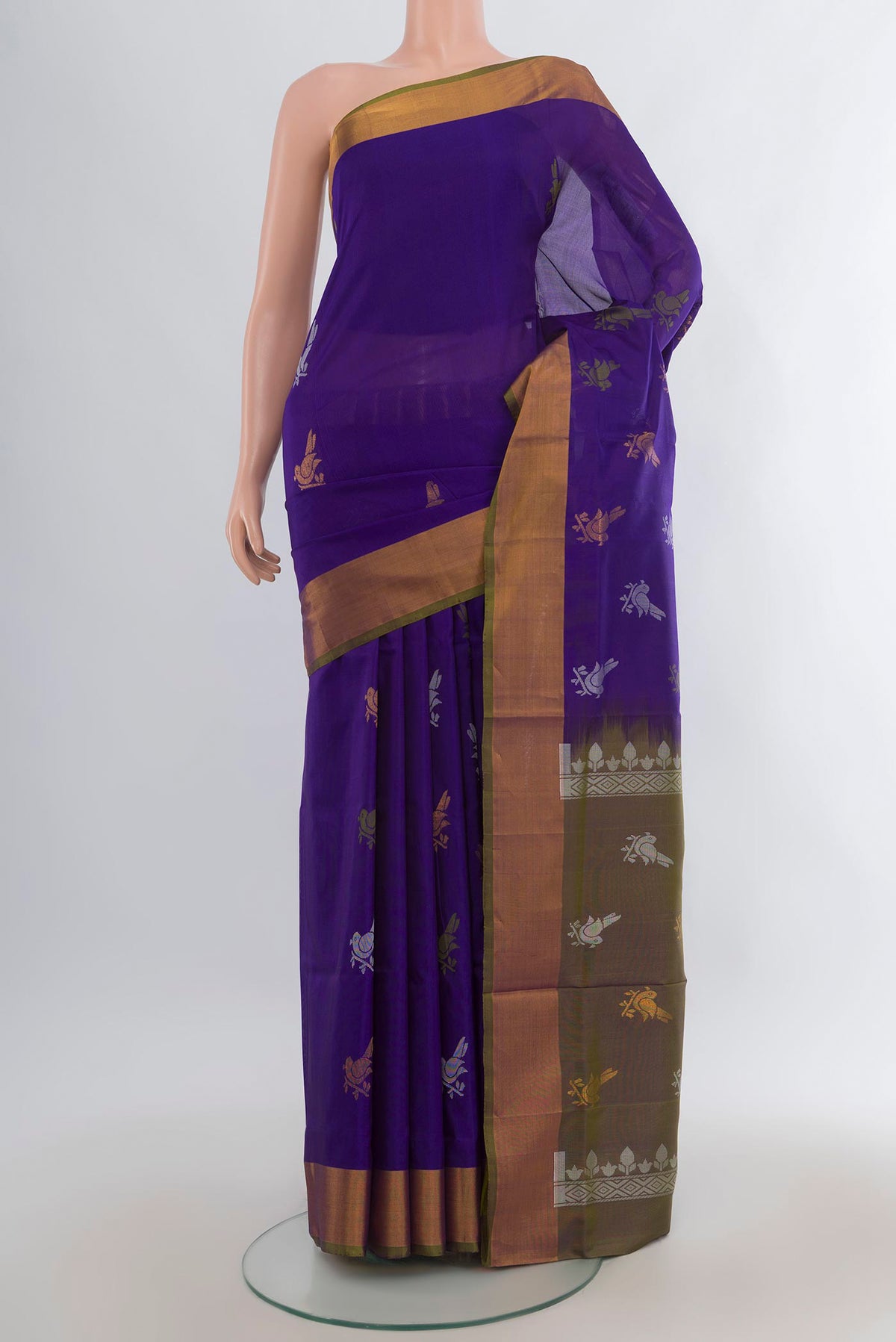 Pure Silk Violet Uppada Saree with Zari Butta on the body and Zari Border.  displayed on a mannequin
