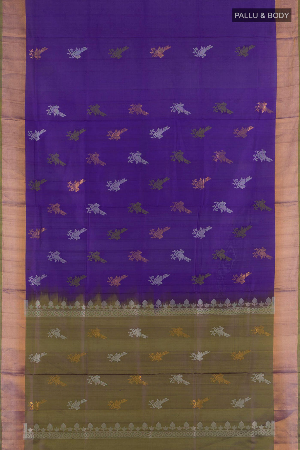 Flat view of Pure Silk Violet Uppada Saree with Zari Butta on the body and Zari Border. 