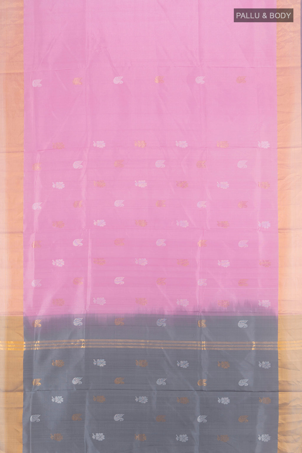 Flat view of Rose pink Uppada Silk Saree with Zari Butta on the body and Zari Border. 