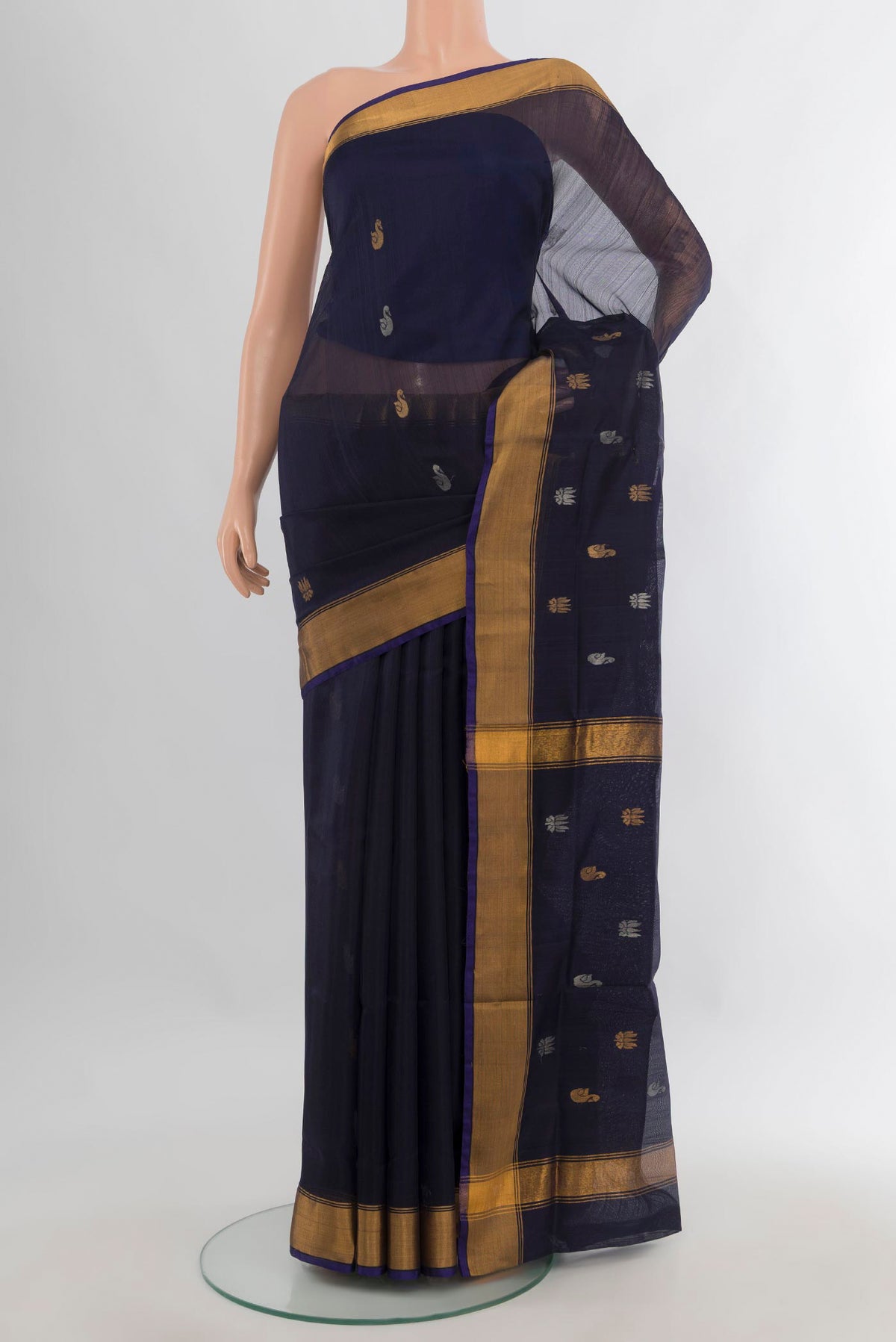 Pure Silk Navy Blue Uppada Saree with Zari Butta on the body and Zari Border.  displayed on a mannequin