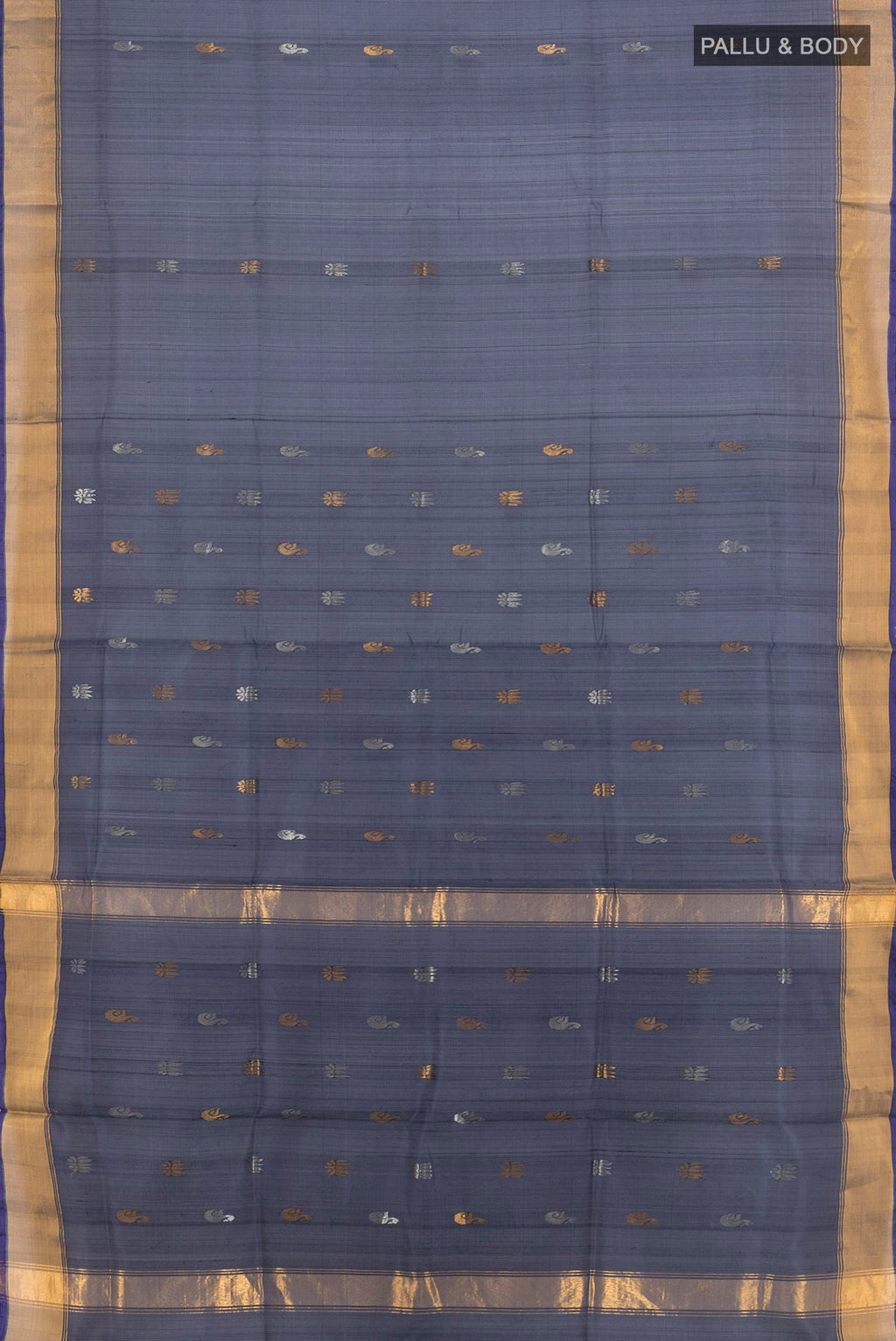 Flat view of Pure Silk Navy Blue Uppada Saree with Zari Butta on the body and Zari Border. 
